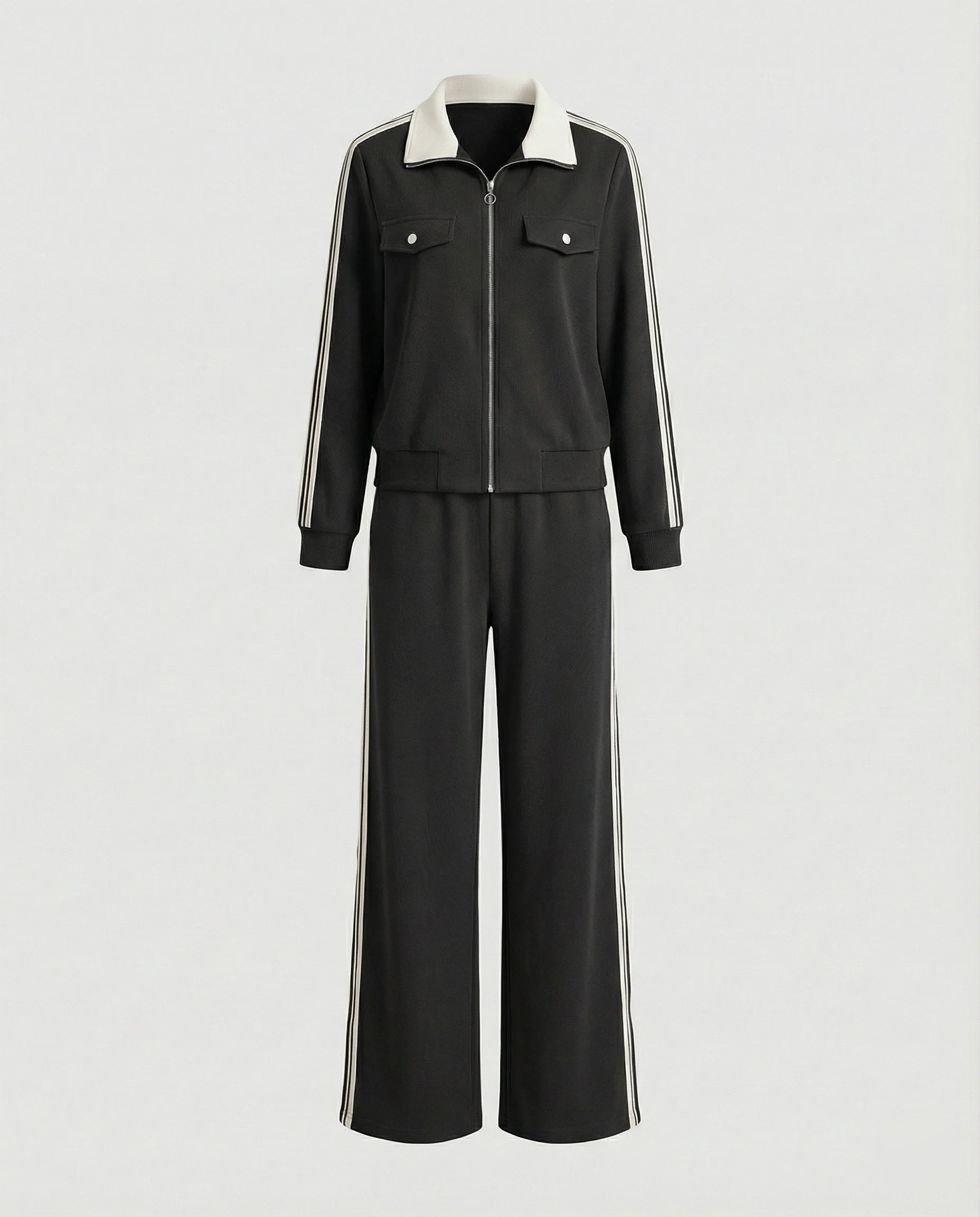 Sportlich-elegantes Strick-Ensemble mit Reißverschlussjacke, Pattentaschen, Kontrastkragen und weitem Hosenbein Heidi Mode - Image 3