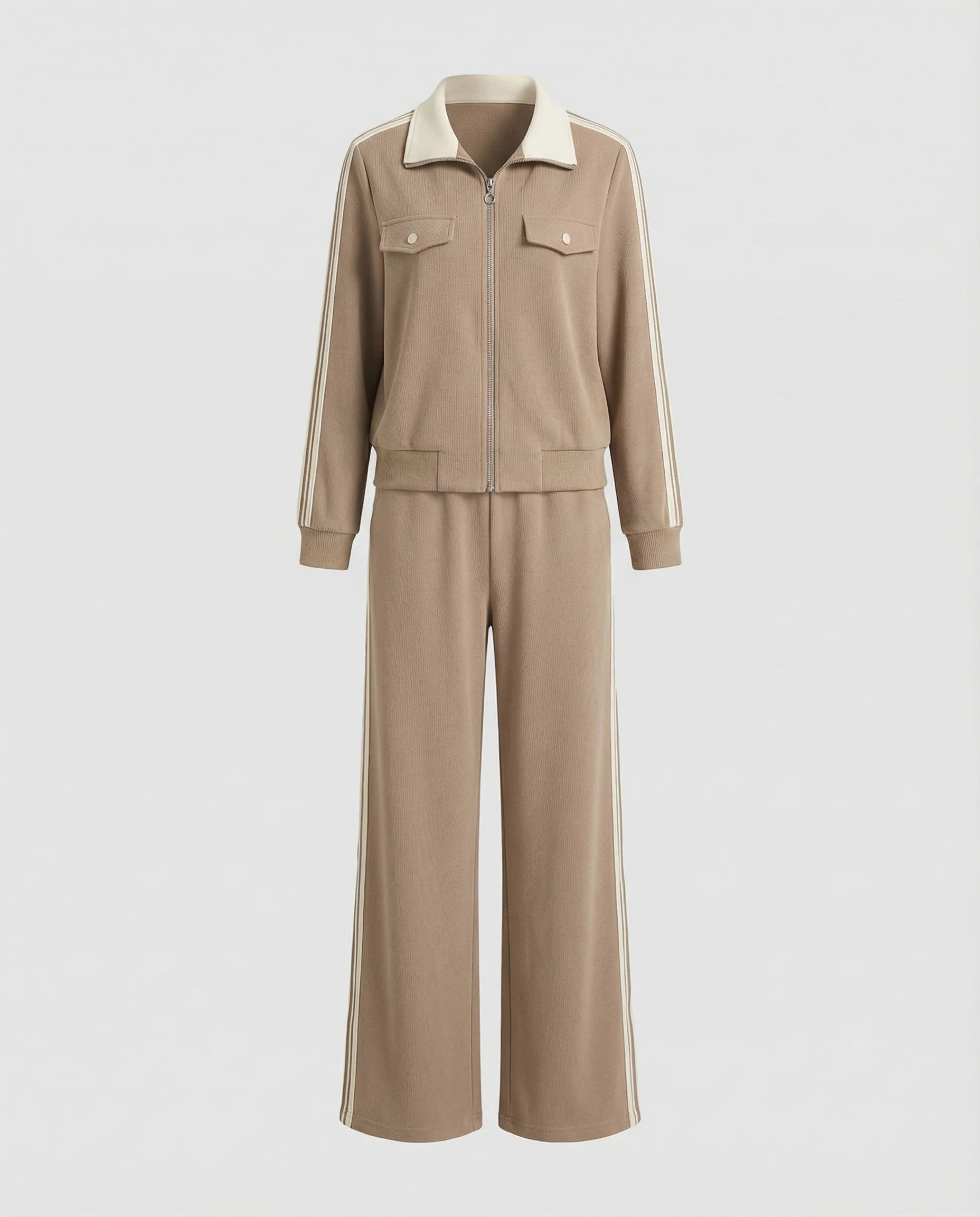 Sportlich-elegantes Strick-Ensemble mit Reißverschlussjacke, Pattentaschen, Kontrastkragen und weitem Hosenbein Heidi Mode - Image 5