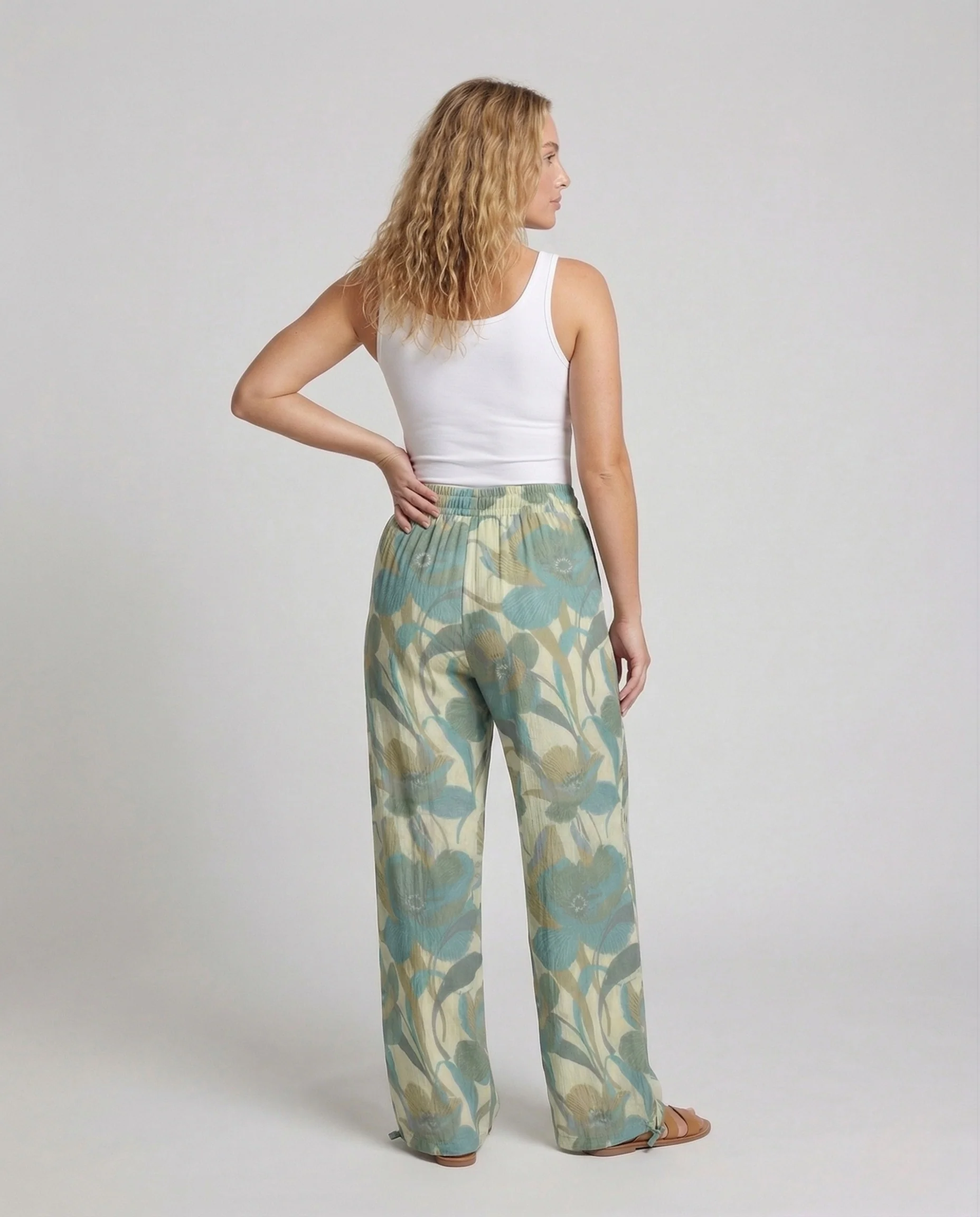 Damen Leinenhose Weit Elastischer Bund Kordelzug - Image 4