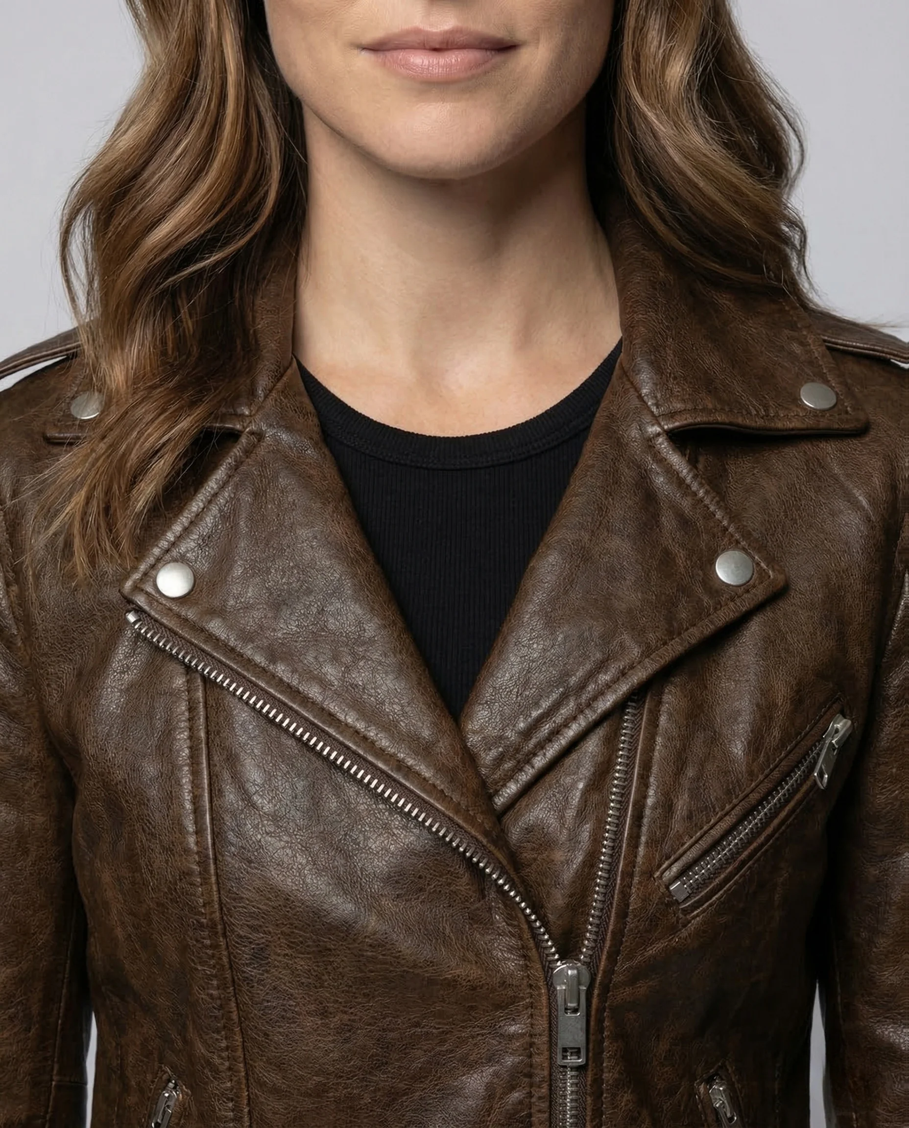 Damen Leder Bikerjacke Tailliert - Image 3