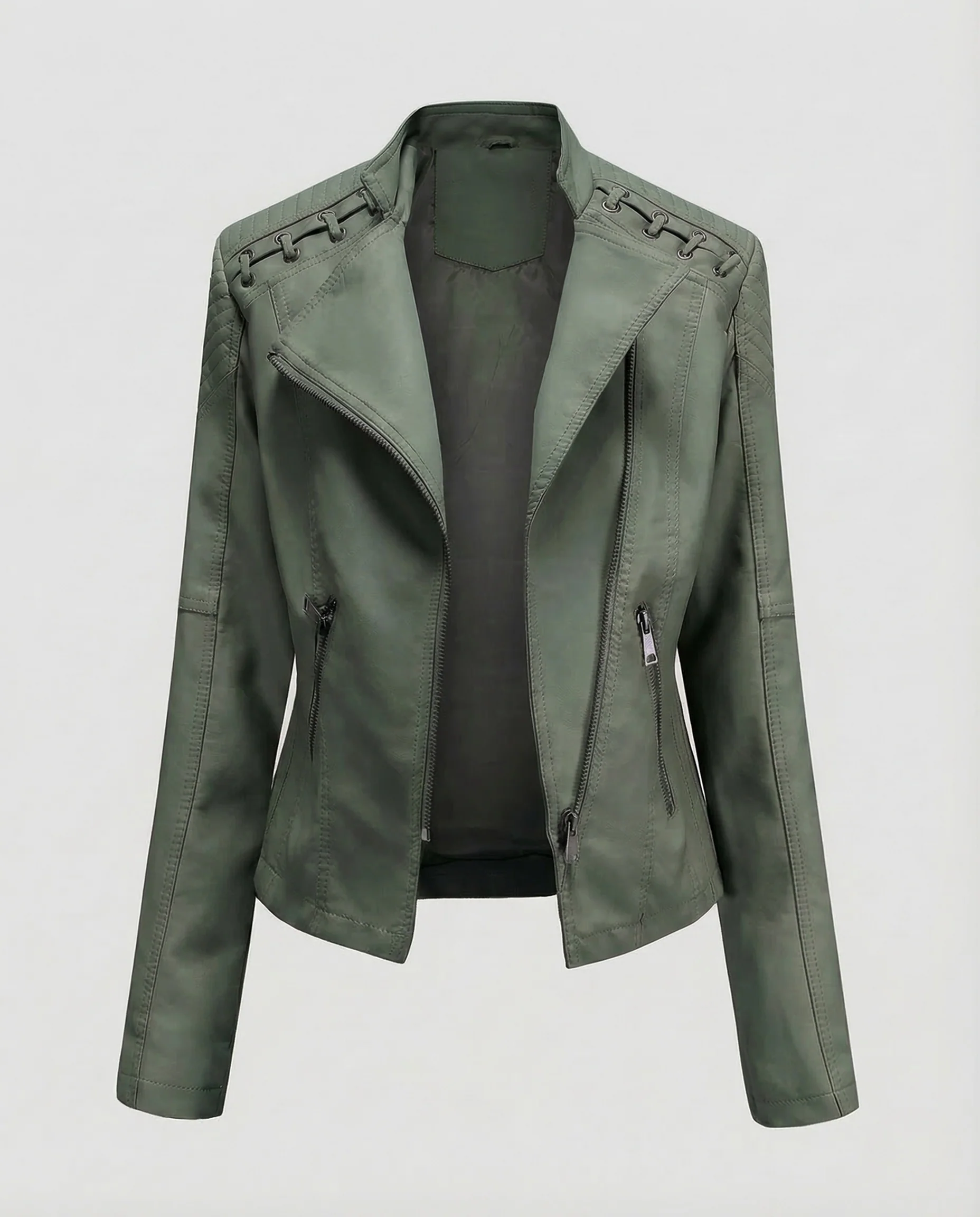 Damen Bikerjacke Lederimitat Schnürdetail - Image 11