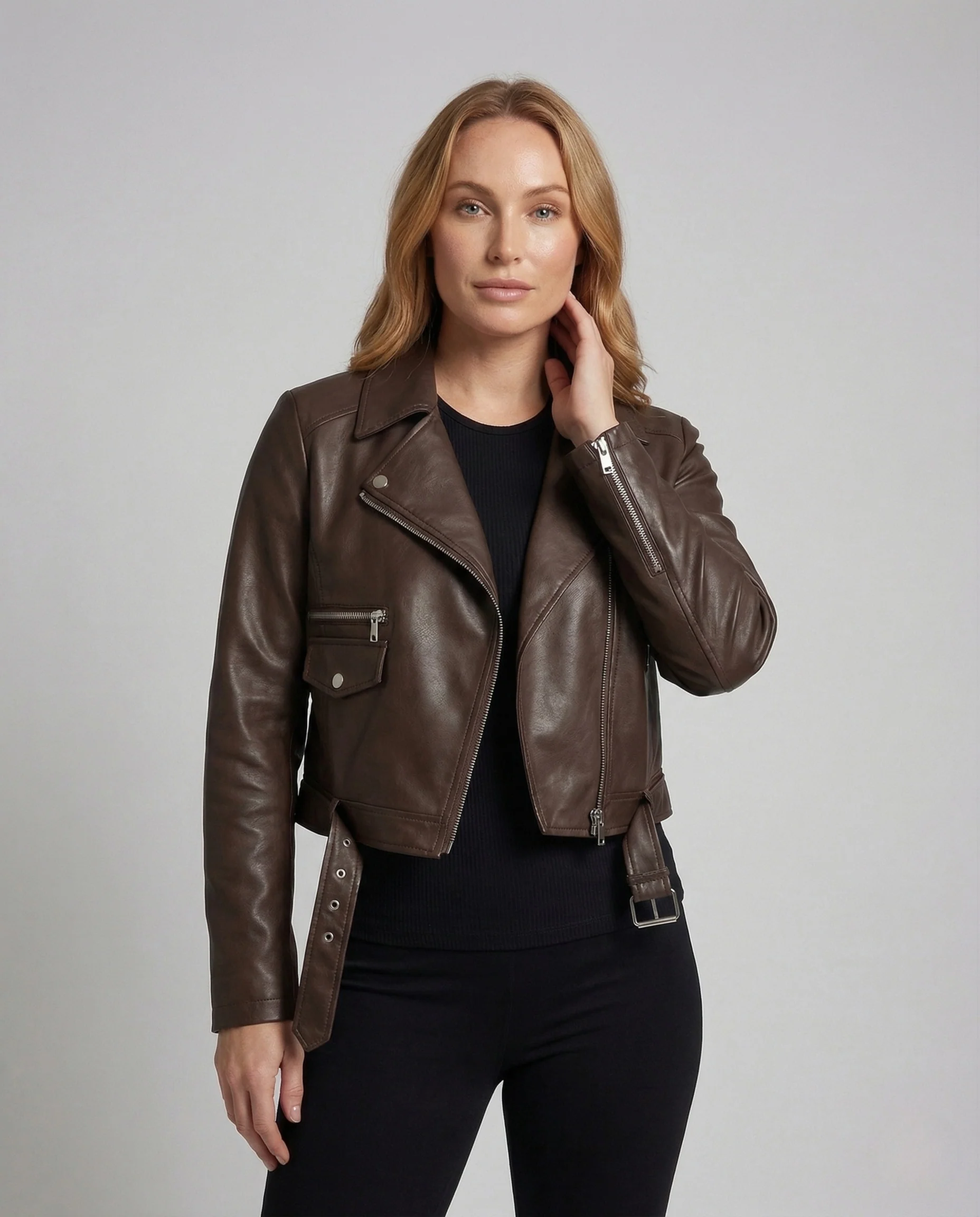 Damen Bikerjacke Veganleder Tailliert Reißverschluss - Image 2