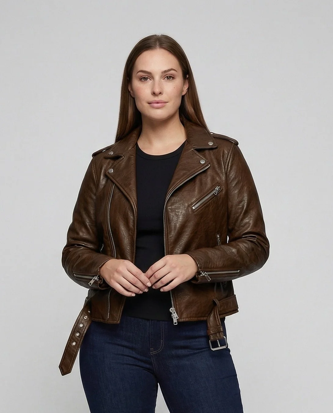 Damen Bikerjacke Kunstleder Tailliert Asymmetrischer Reißverschluss - Image 2