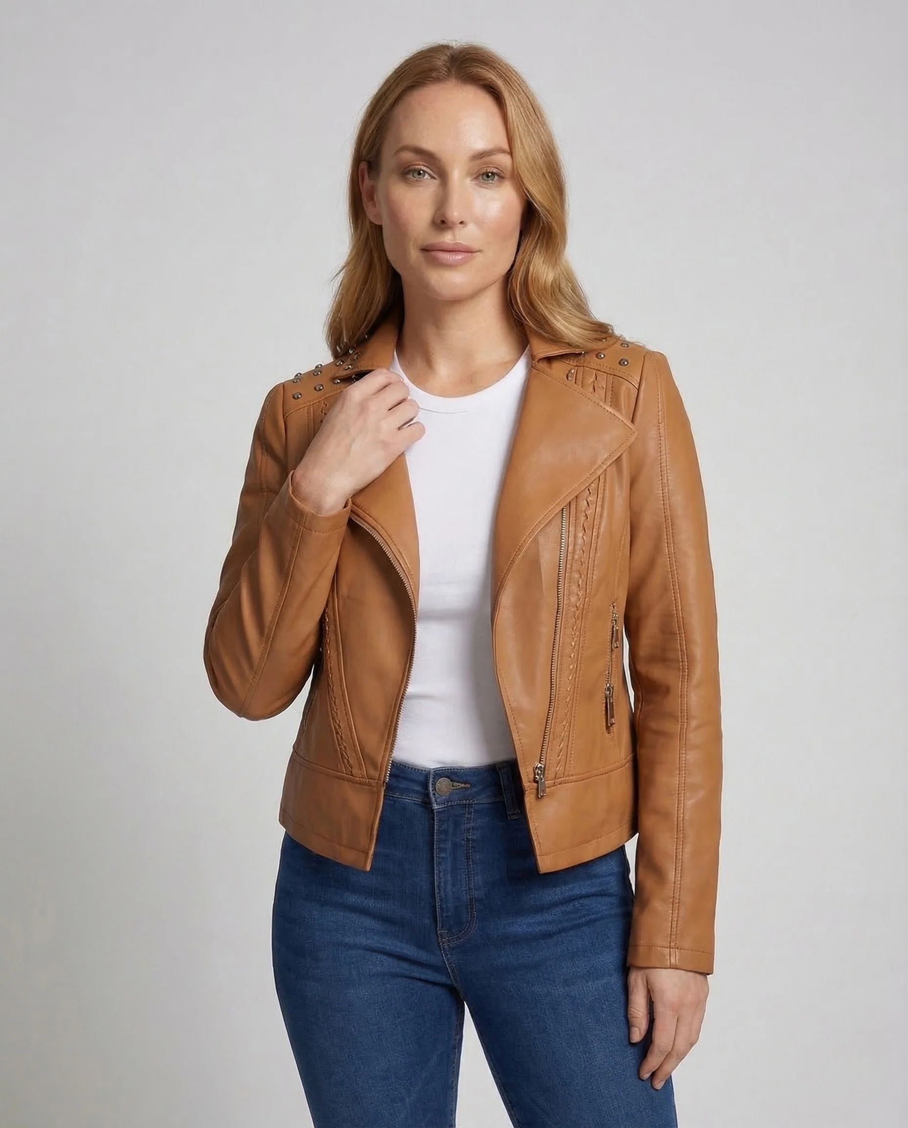 Damen Bikerjacke Lederimitat Nieten - Image 2