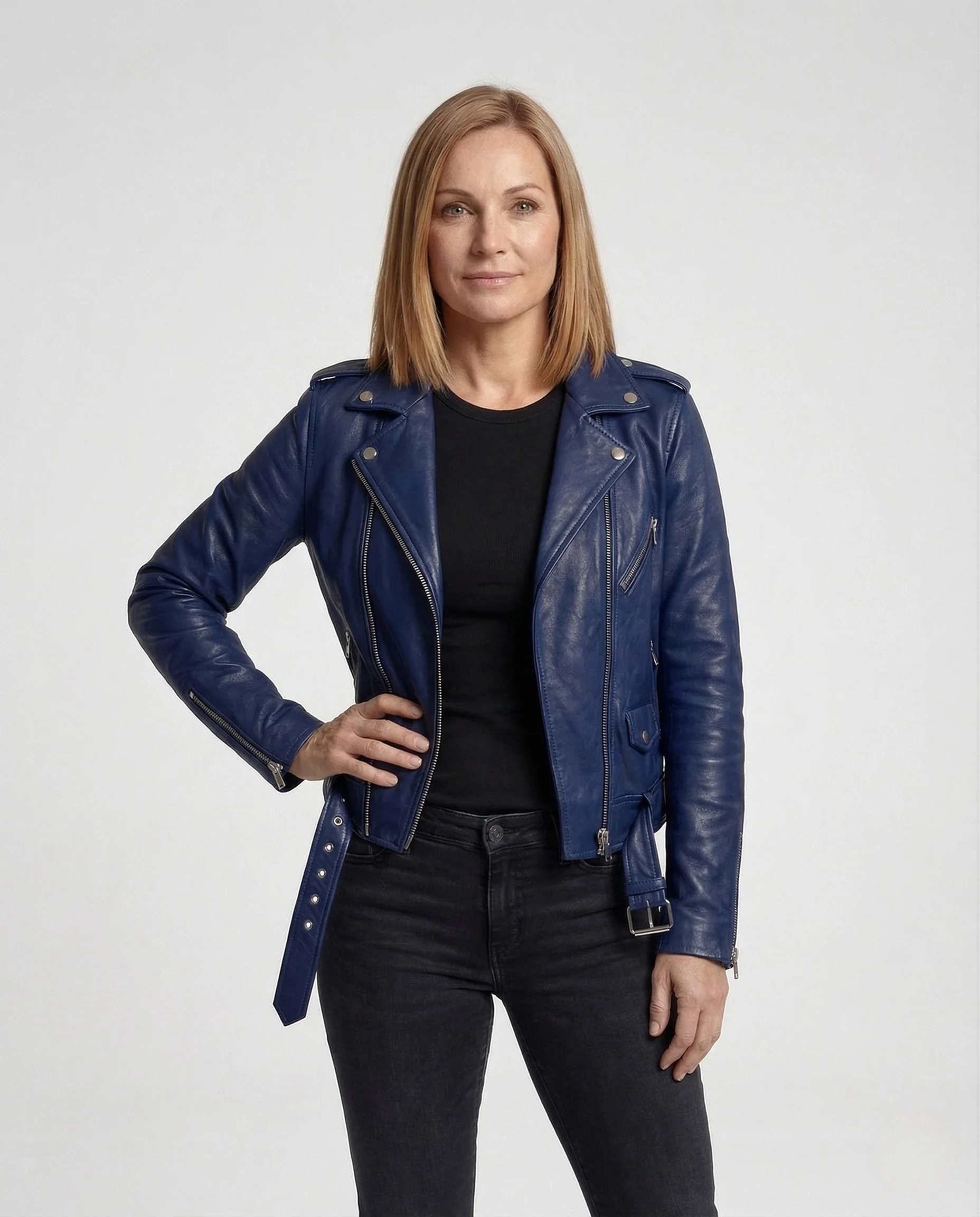 Damen taillierte Bikerjacke Lederoptik mit Gürtel - Image 2