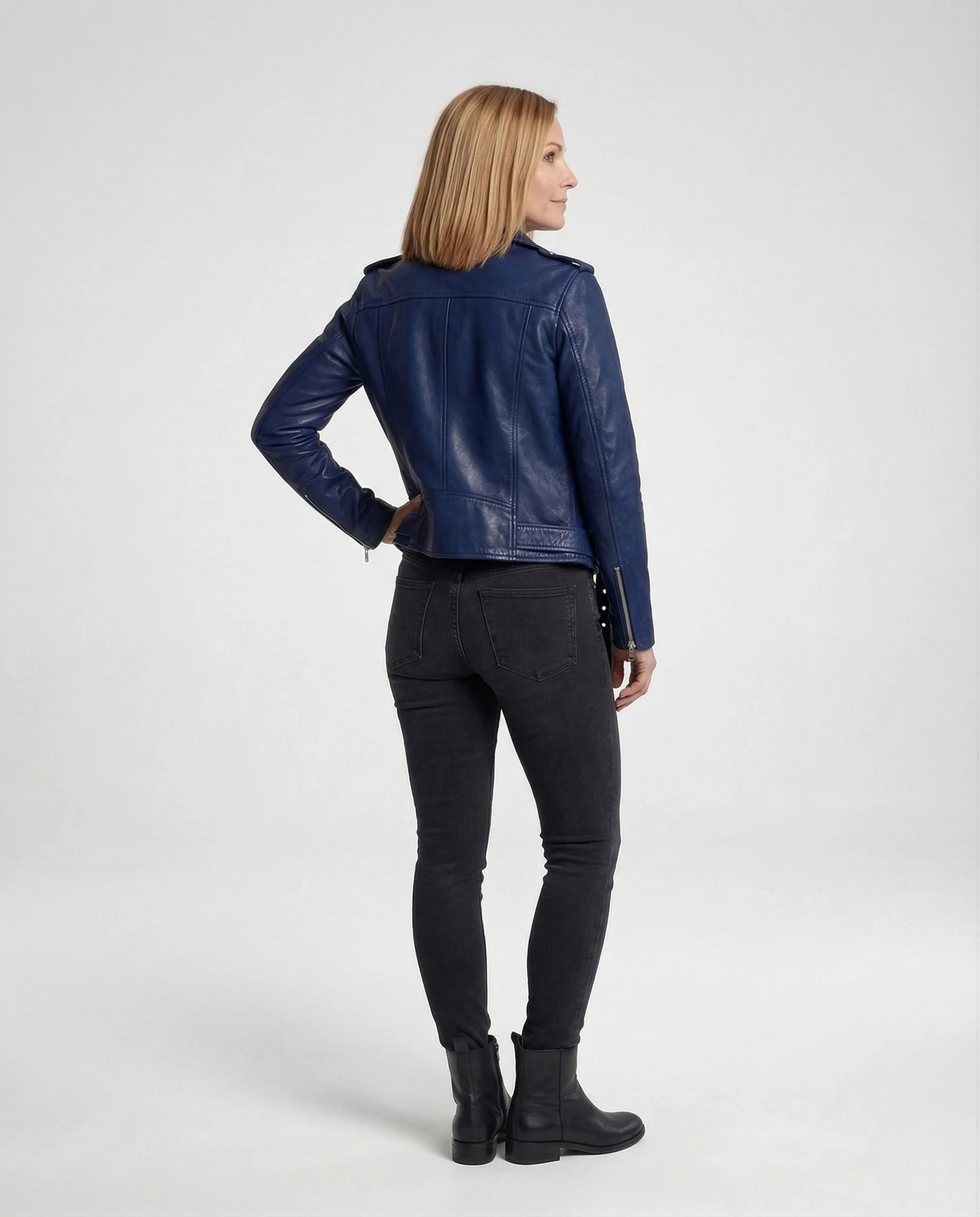 Damen taillierte Bikerjacke Lederoptik mit Gürtel - Image 4