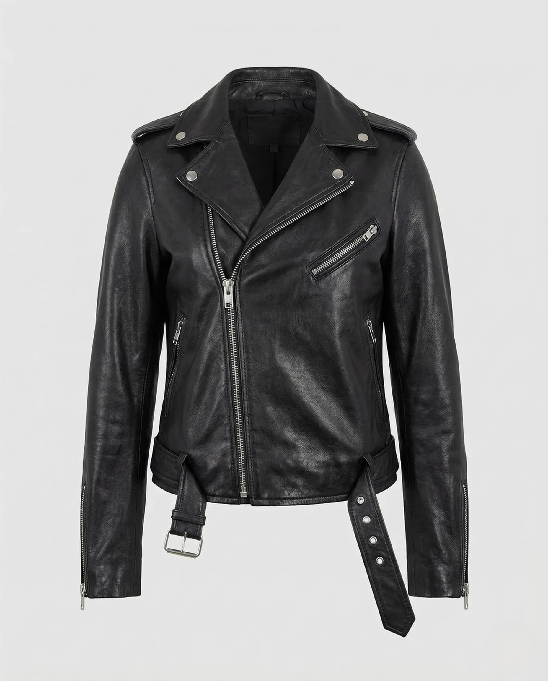 Damen taillierte Bikerjacke Lederoptik mit Gürtel - Image 5