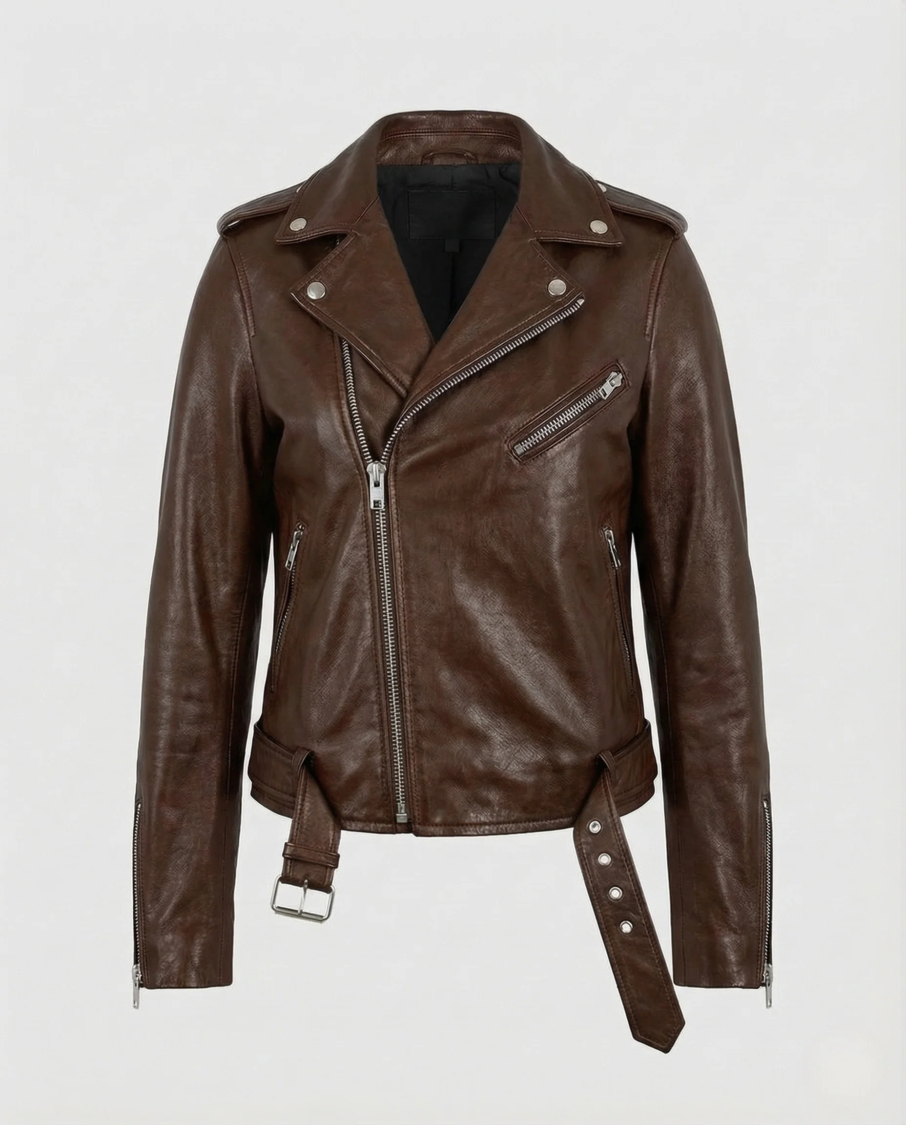 Damen taillierte Bikerjacke Lederoptik mit Gürtel - Image 8