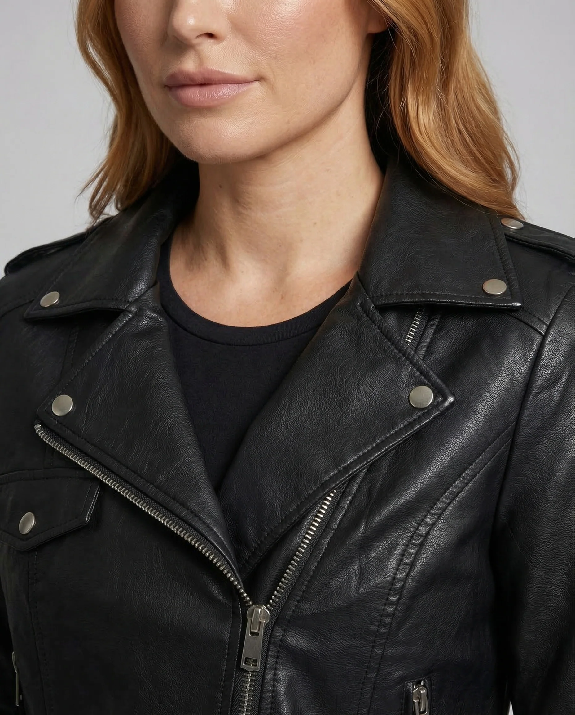 Damen Kunstleder Bikerjacke Schnallenbund - Image 3