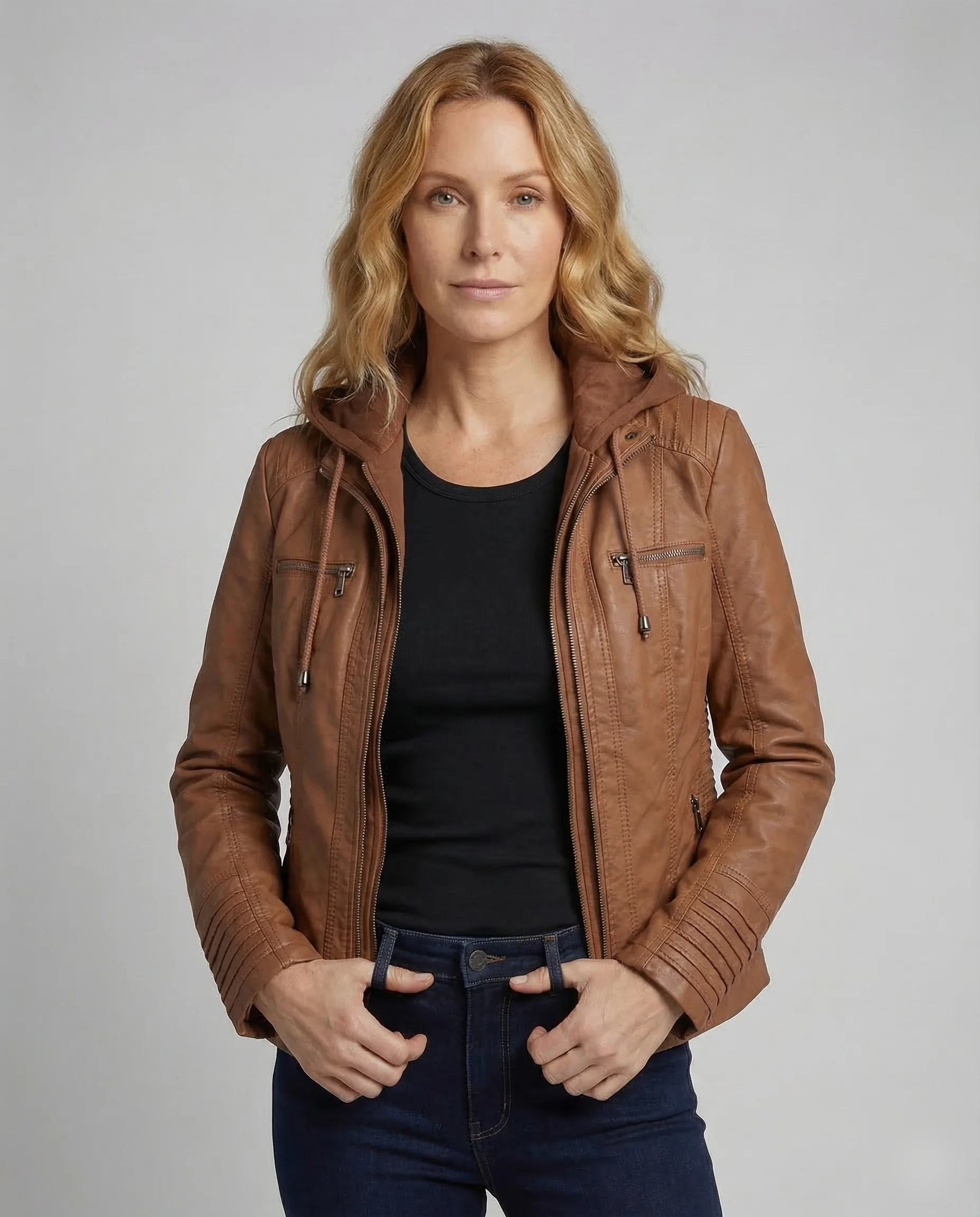 Damen Kunstleder Bikerjacke Kapuze - Image 2