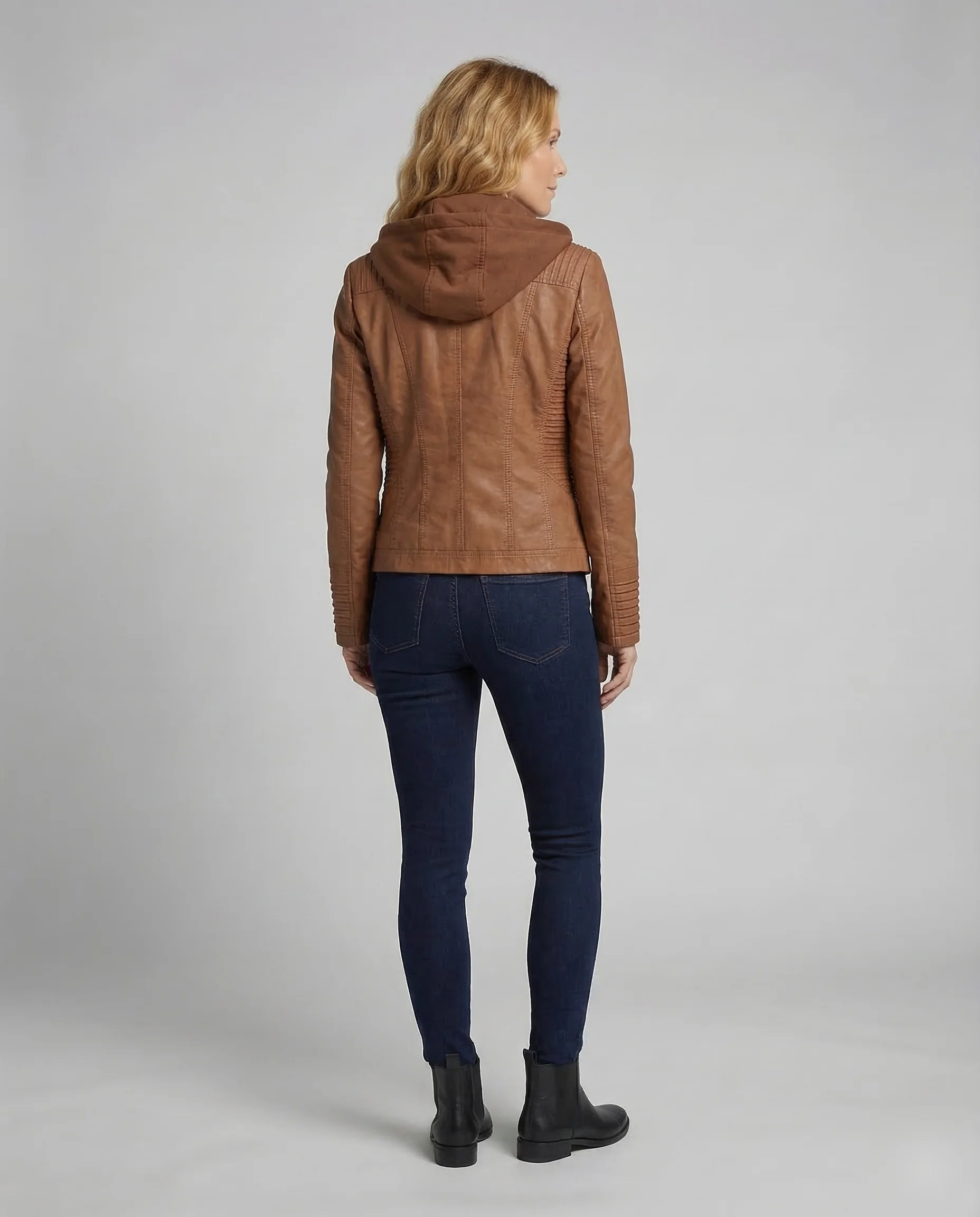 Damen Kunstleder Bikerjacke Kapuze - Image 4