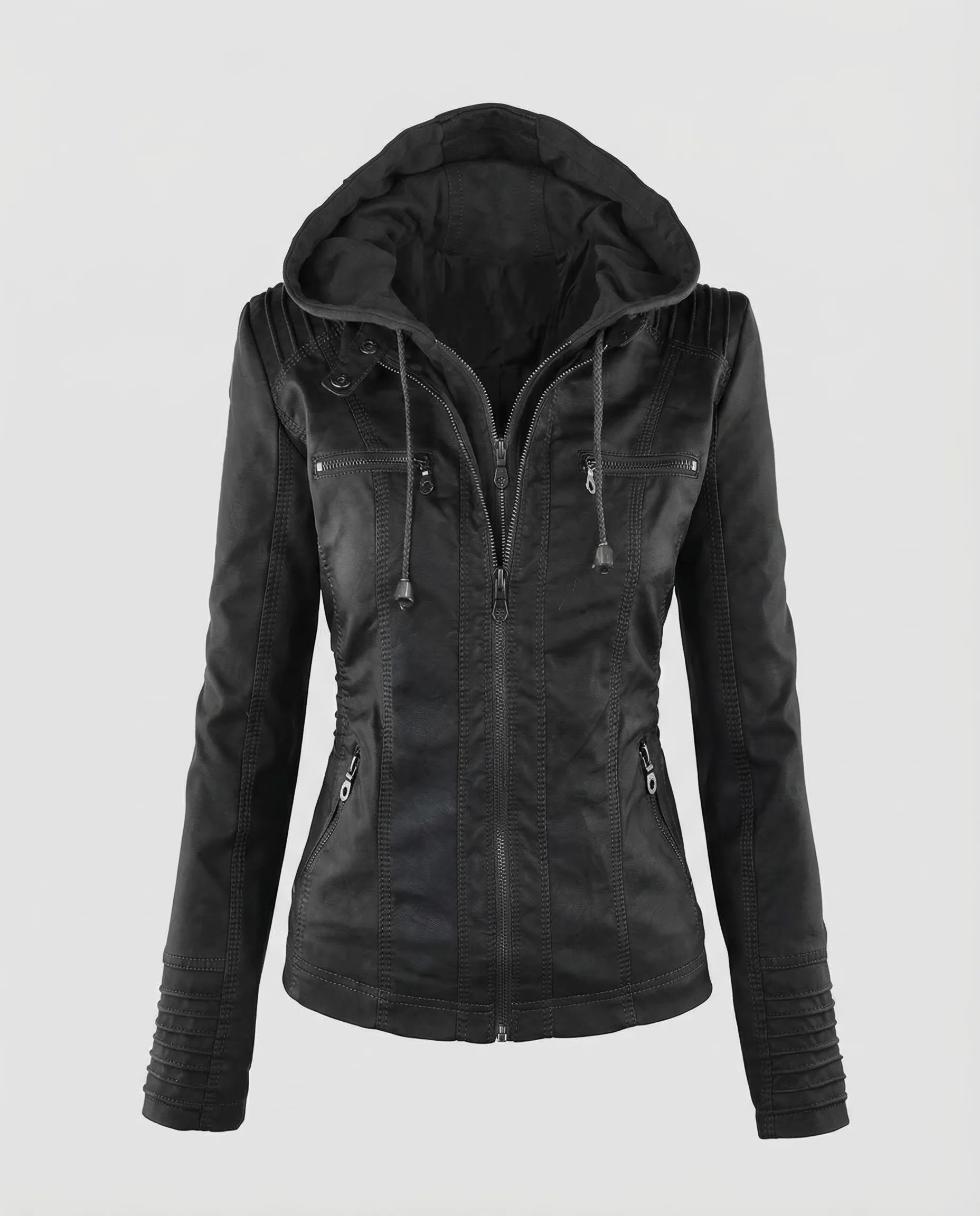 Damen Kunstleder Bikerjacke Kapuze - Image 5