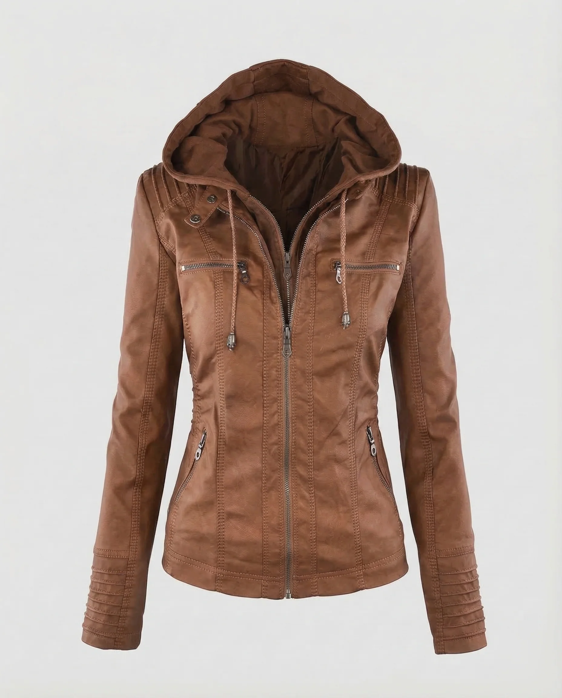 Damen Kunstleder Bikerjacke Kapuze - Image 6