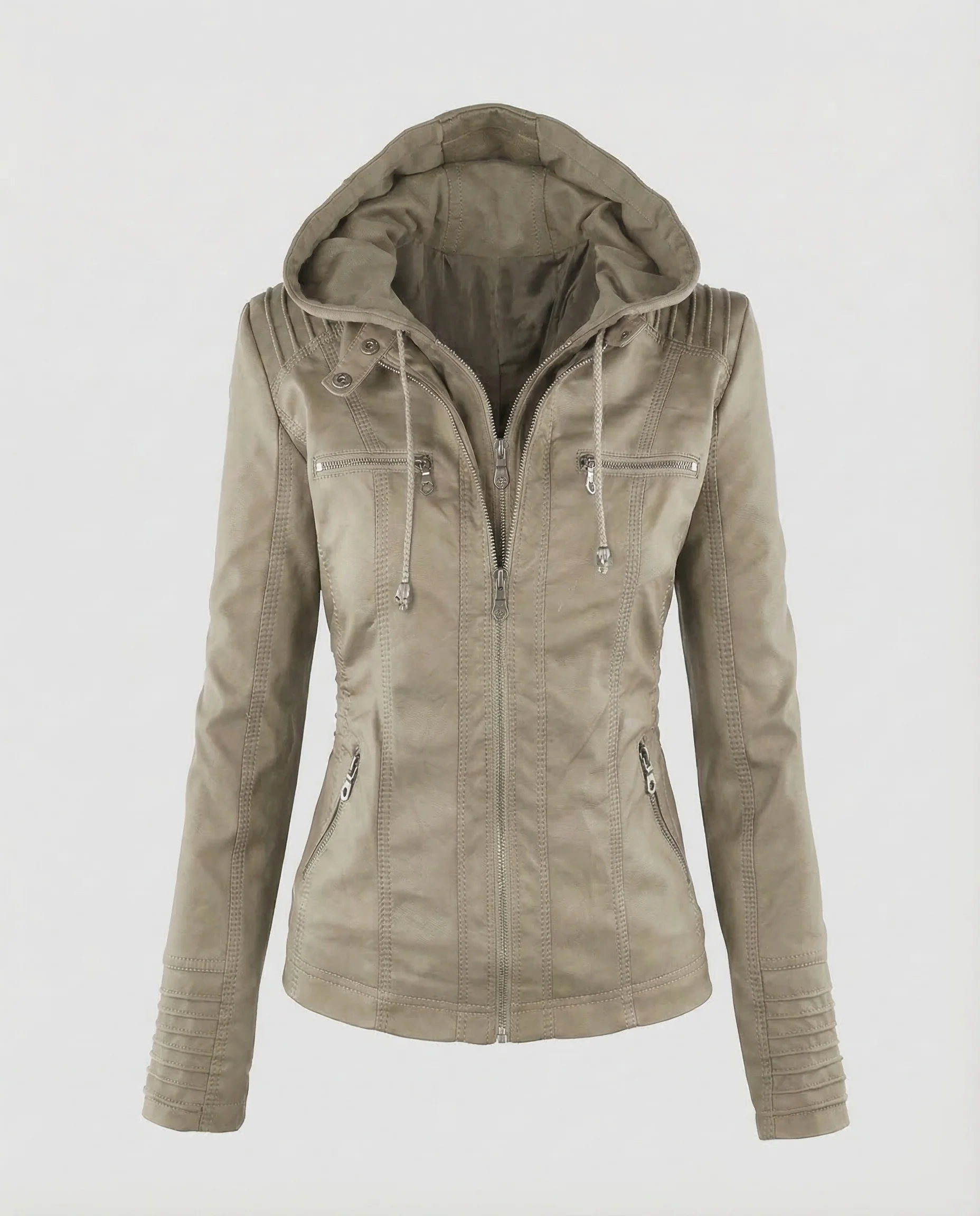Damen Kunstleder Bikerjacke Kapuze - Image 7