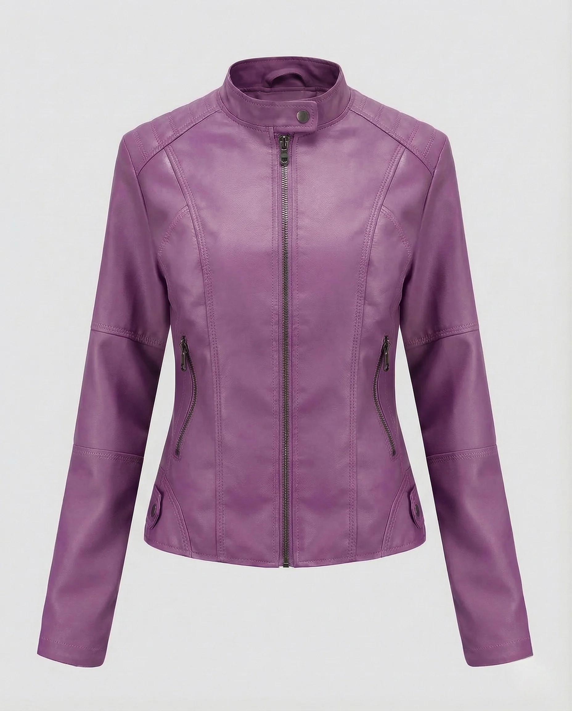 Damen Kunstleder Bikerjacke Stehkragen - Image 10