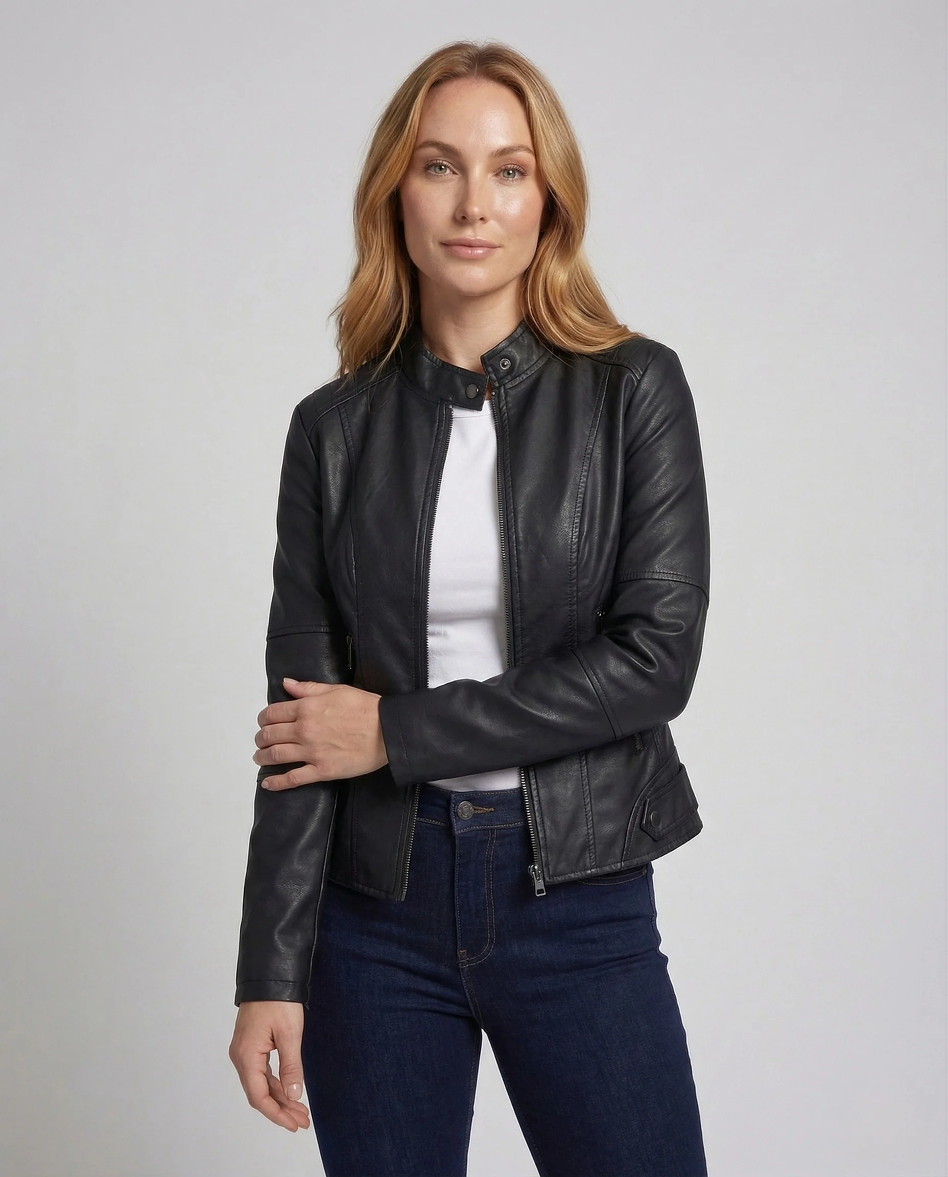 Damen Kunstleder Bikerjacke Stehkragen - Image 2