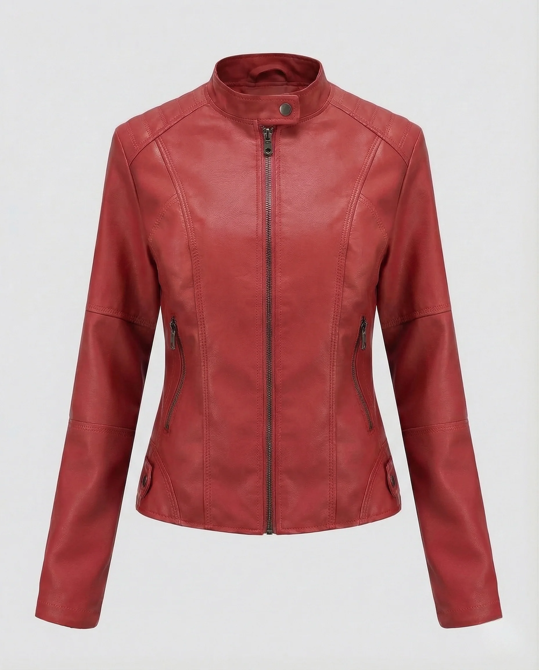 Damen Kunstleder Bikerjacke Stehkragen - Image 8