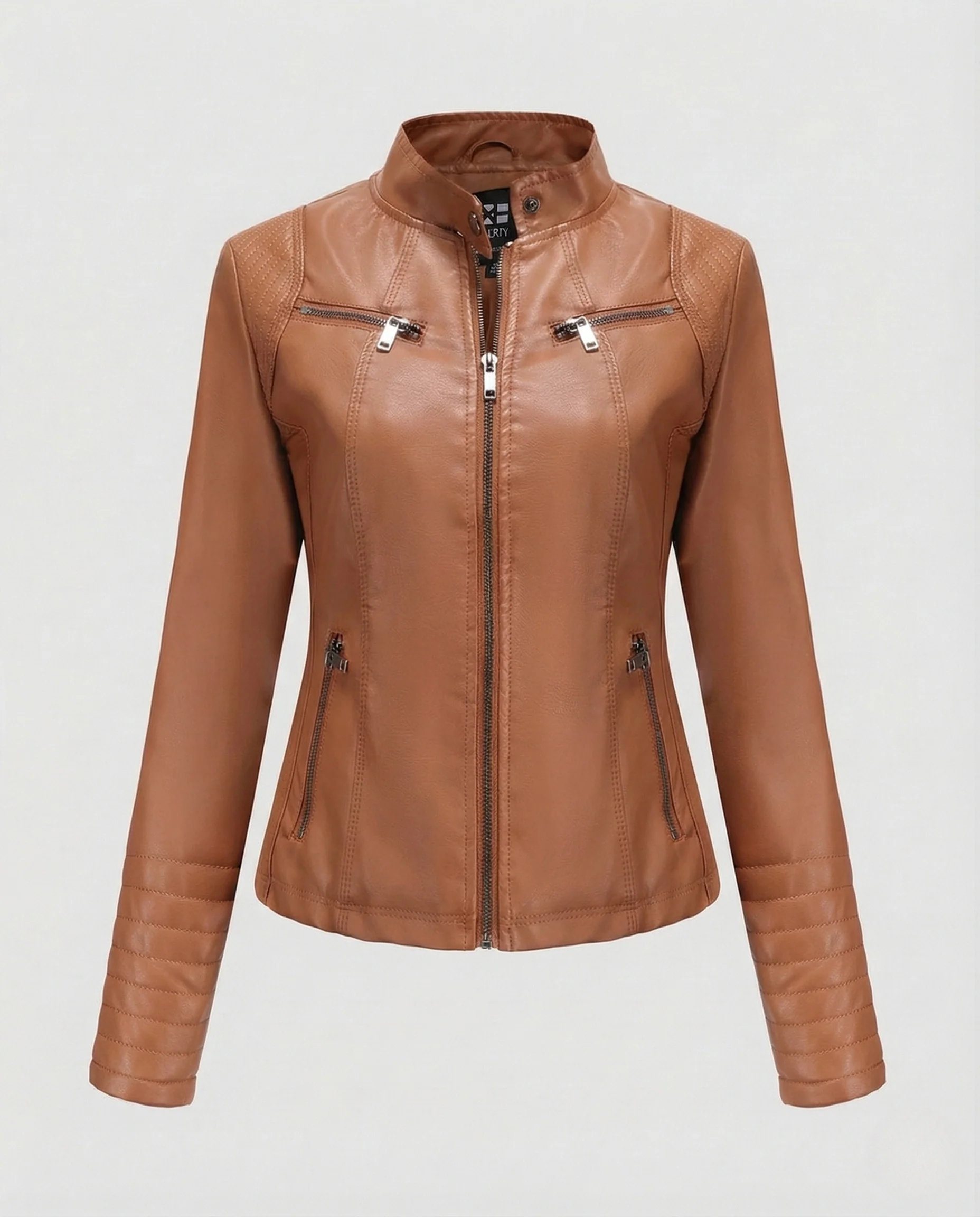 Damen Kunstleder Bikerjacke mit Stehkragen & Steppärmeln - Image 10