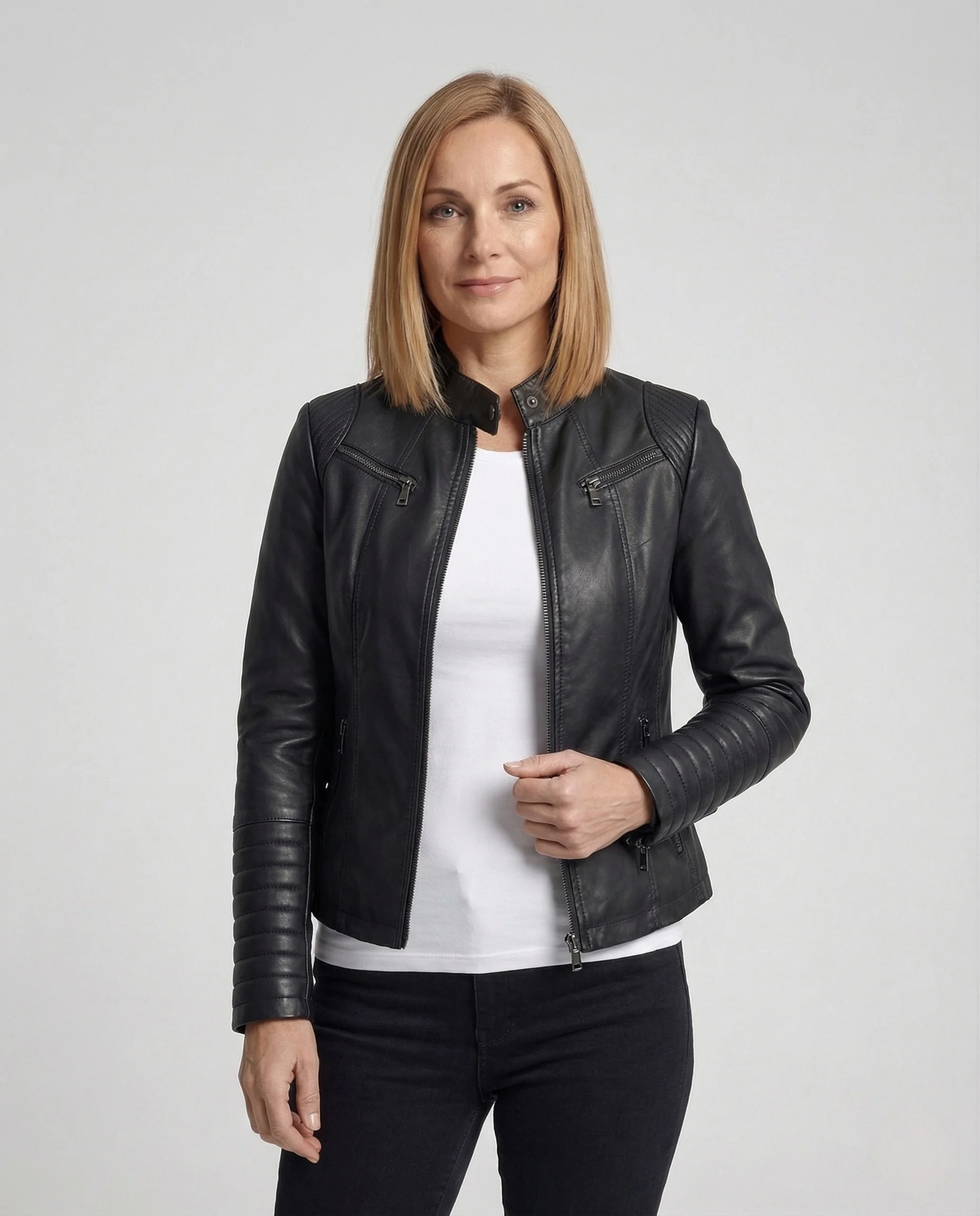 Damen Kunstleder Bikerjacke mit Stehkragen & Steppärmeln - Image 2