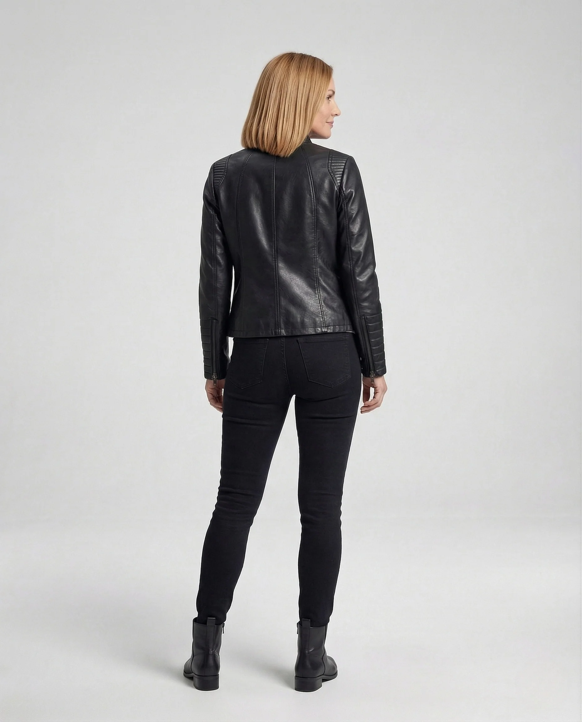 Damen Kunstleder Bikerjacke mit Stehkragen & Steppärmeln - Image 4