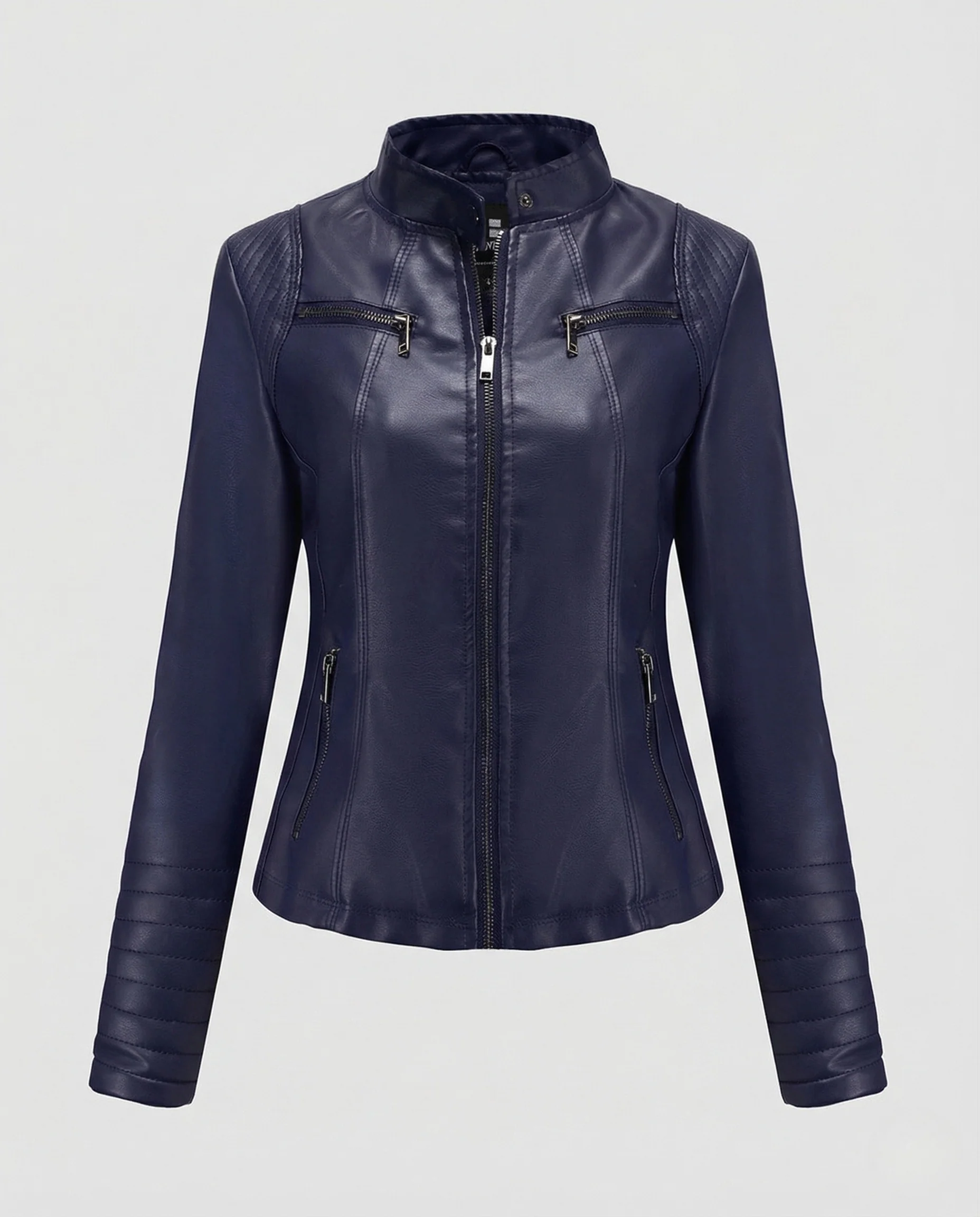 Damen Kunstleder Bikerjacke mit Stehkragen & Steppärmeln - Image 5