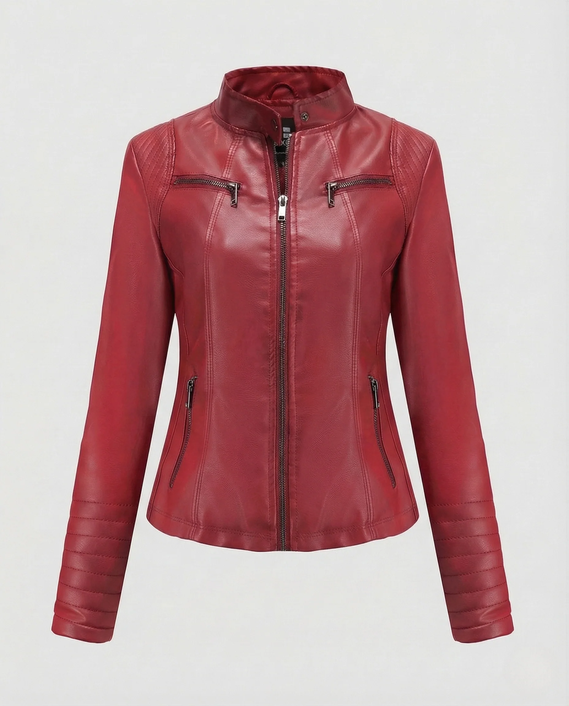 Damen Kunstleder Bikerjacke mit Stehkragen & Steppärmeln - Image 6