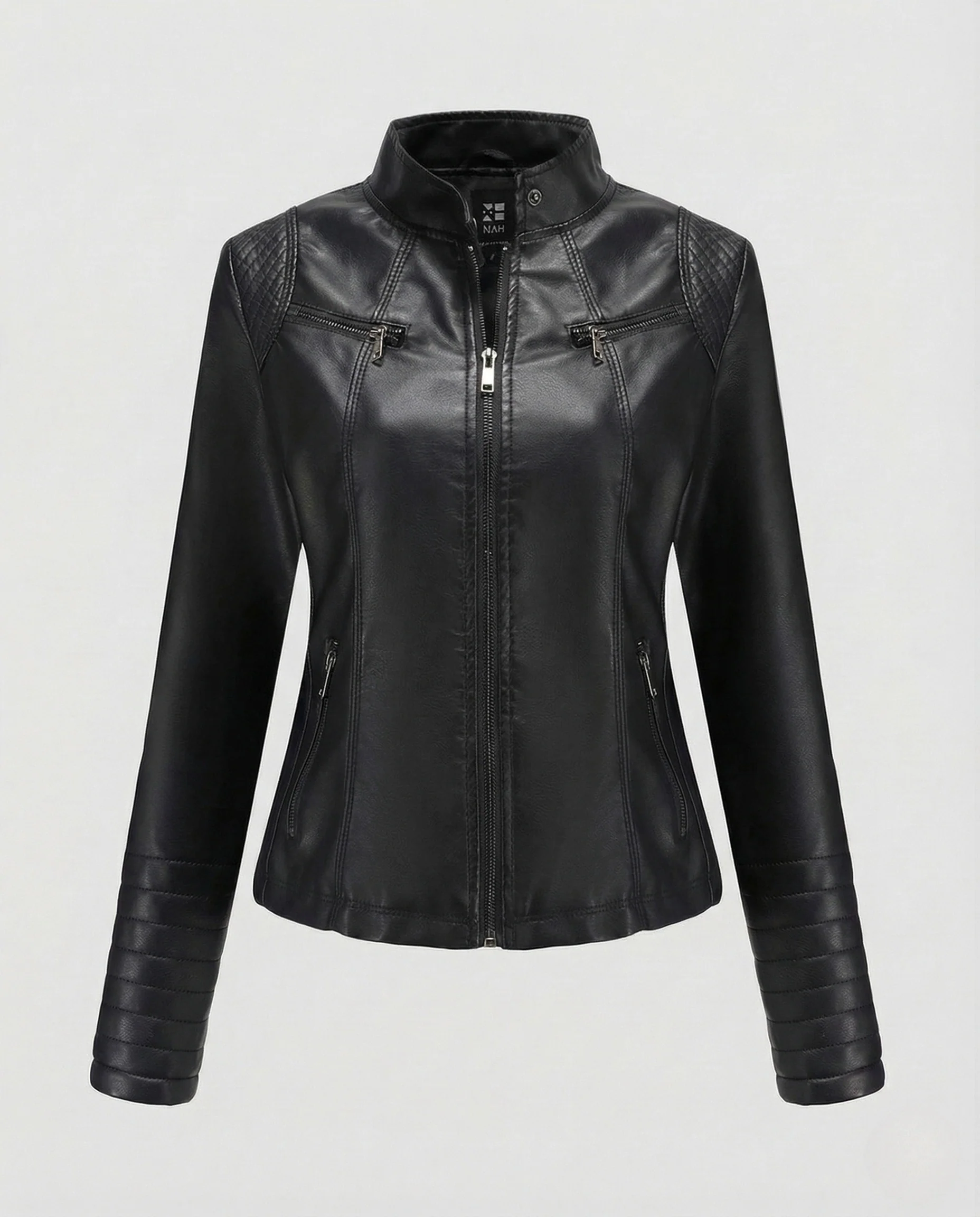 Damen Kunstleder Bikerjacke mit Stehkragen & Steppärmeln - Image 9
