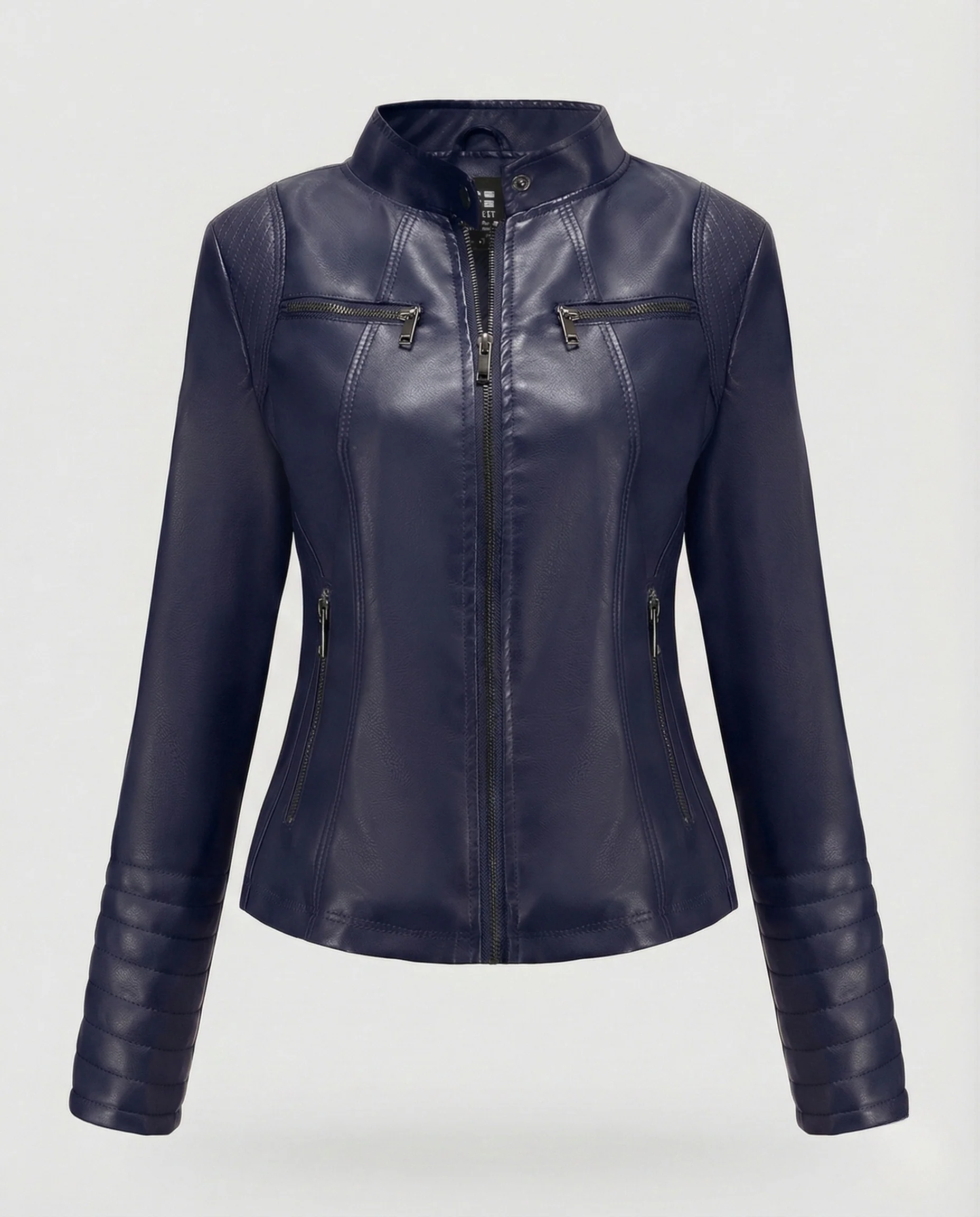 Damen Kunstleder Bikerjacke Tailliert Steppärmel Stehkragen - Image 10