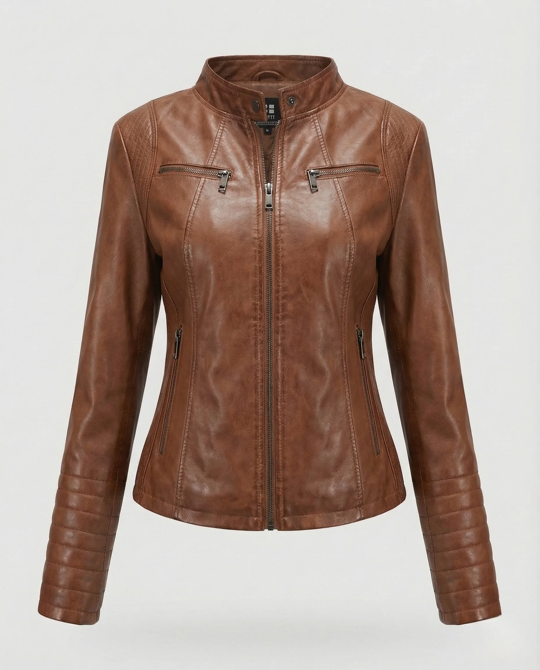 Damen Kunstleder Bikerjacke Tailliert Steppärmel Stehkragen - Image 11