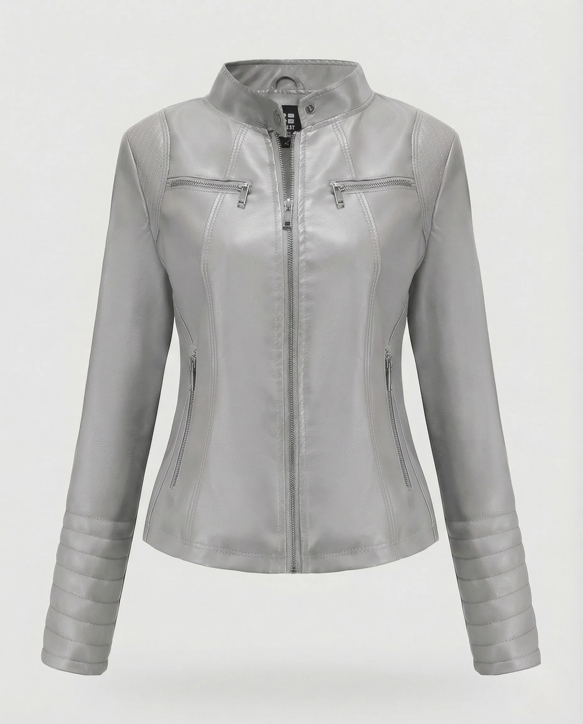 Damen Kunstleder Bikerjacke Tailliert Steppärmel Stehkragen - Image 13