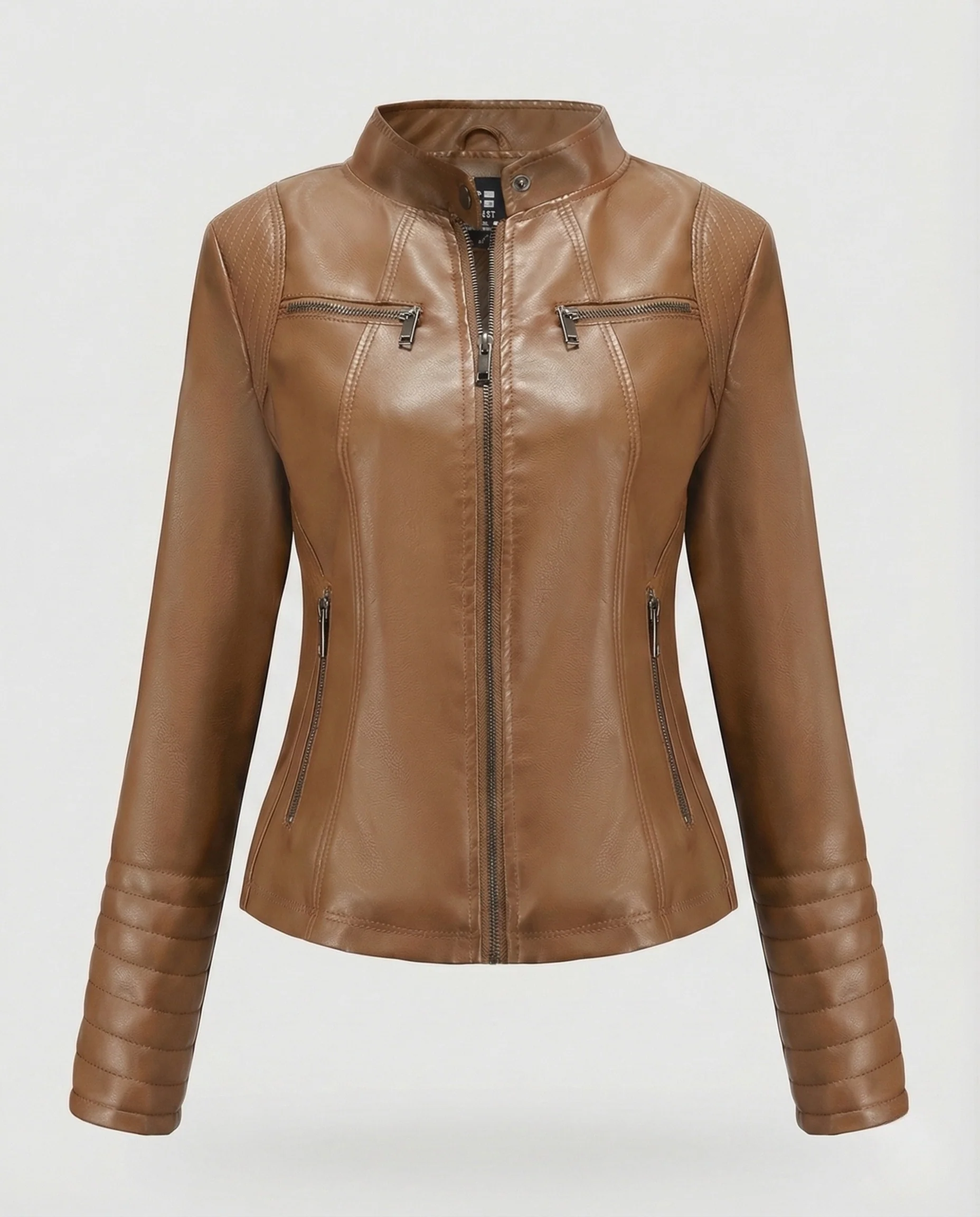 Damen Kunstleder Bikerjacke Tailliert Steppärmel Stehkragen - Image 15