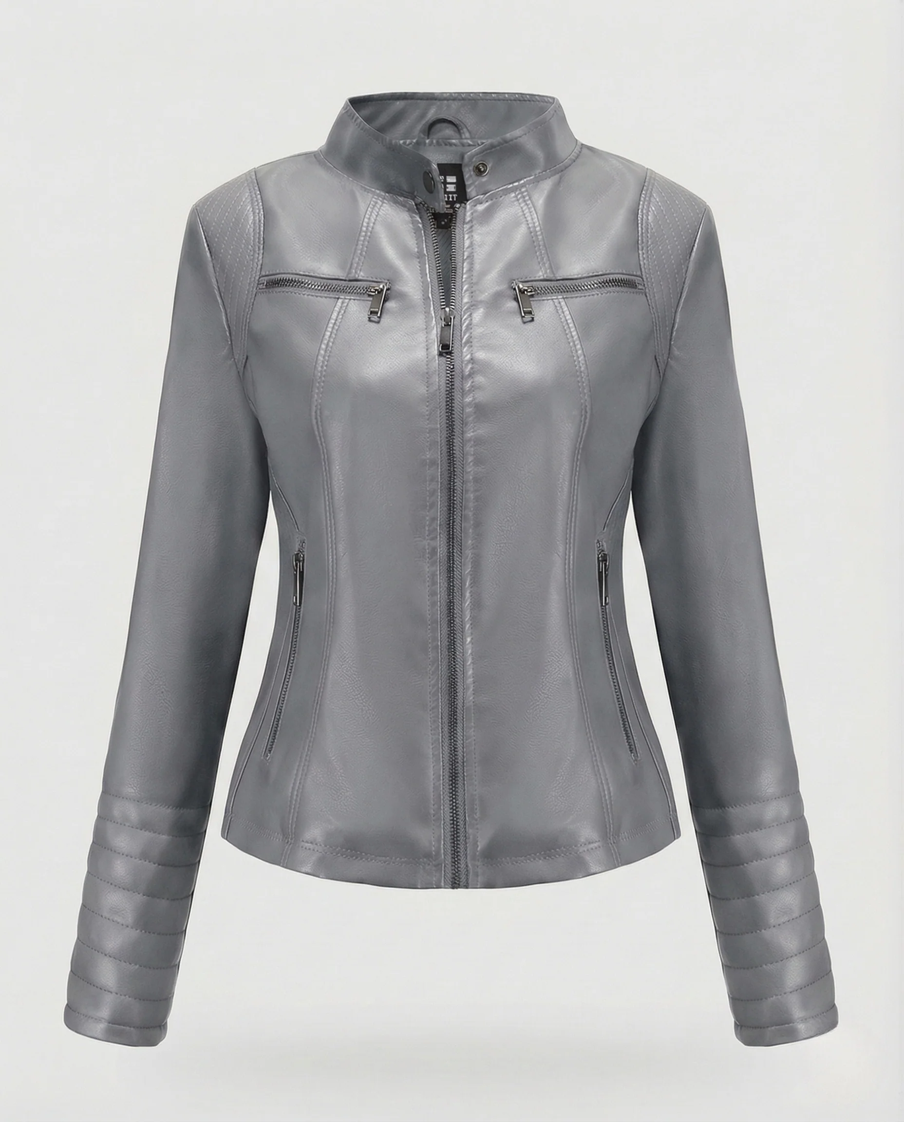 Damen Kunstleder Bikerjacke Tailliert Steppärmel Stehkragen - Image 16