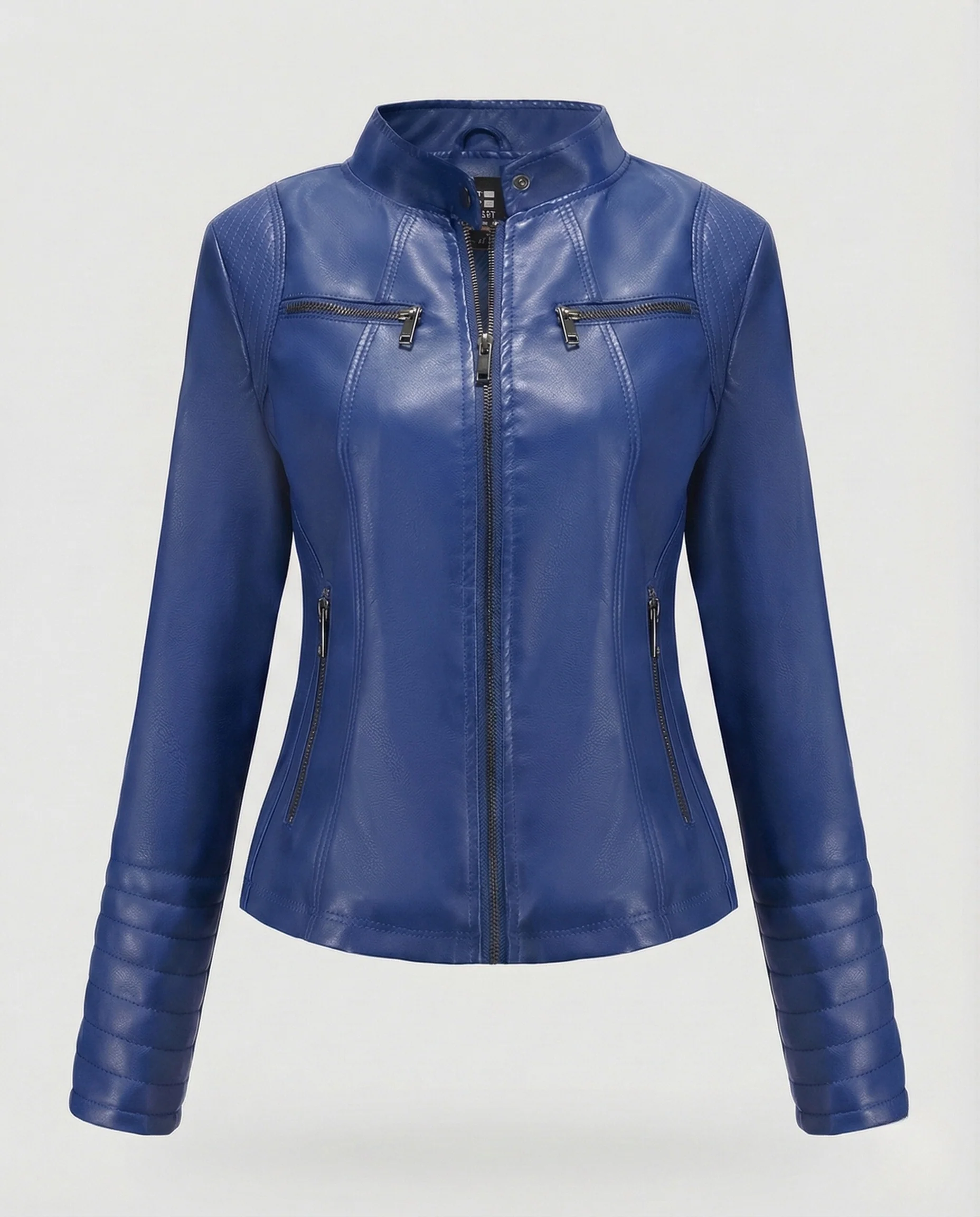 Damen Kunstleder Bikerjacke Tailliert Steppärmel Stehkragen - Image 17