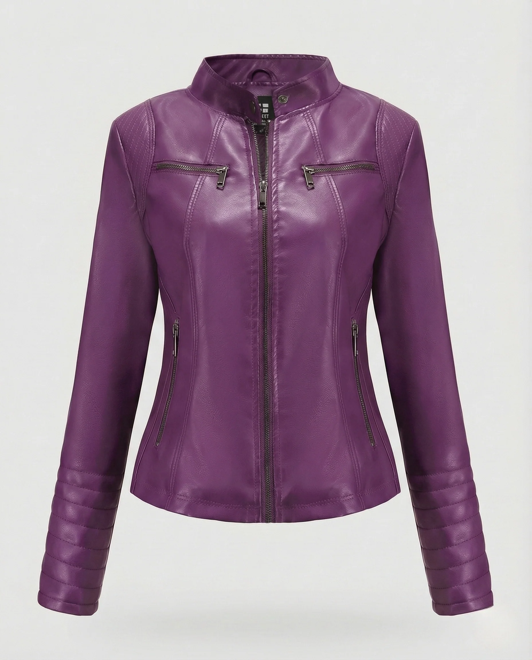 Damen Kunstleder Bikerjacke Tailliert Steppärmel Stehkragen - Image 18