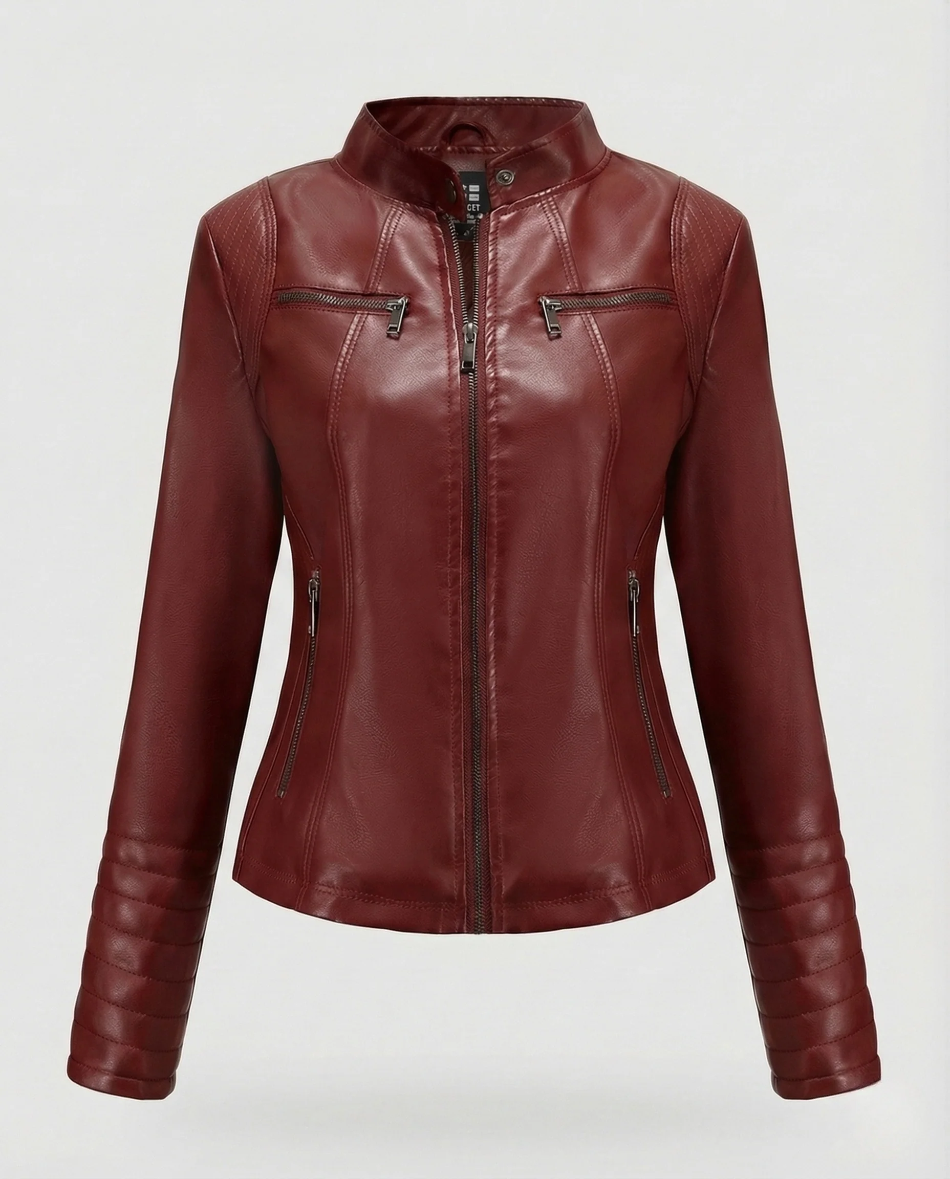 Damen Kunstleder Bikerjacke Tailliert Steppärmel Stehkragen - Image 20
