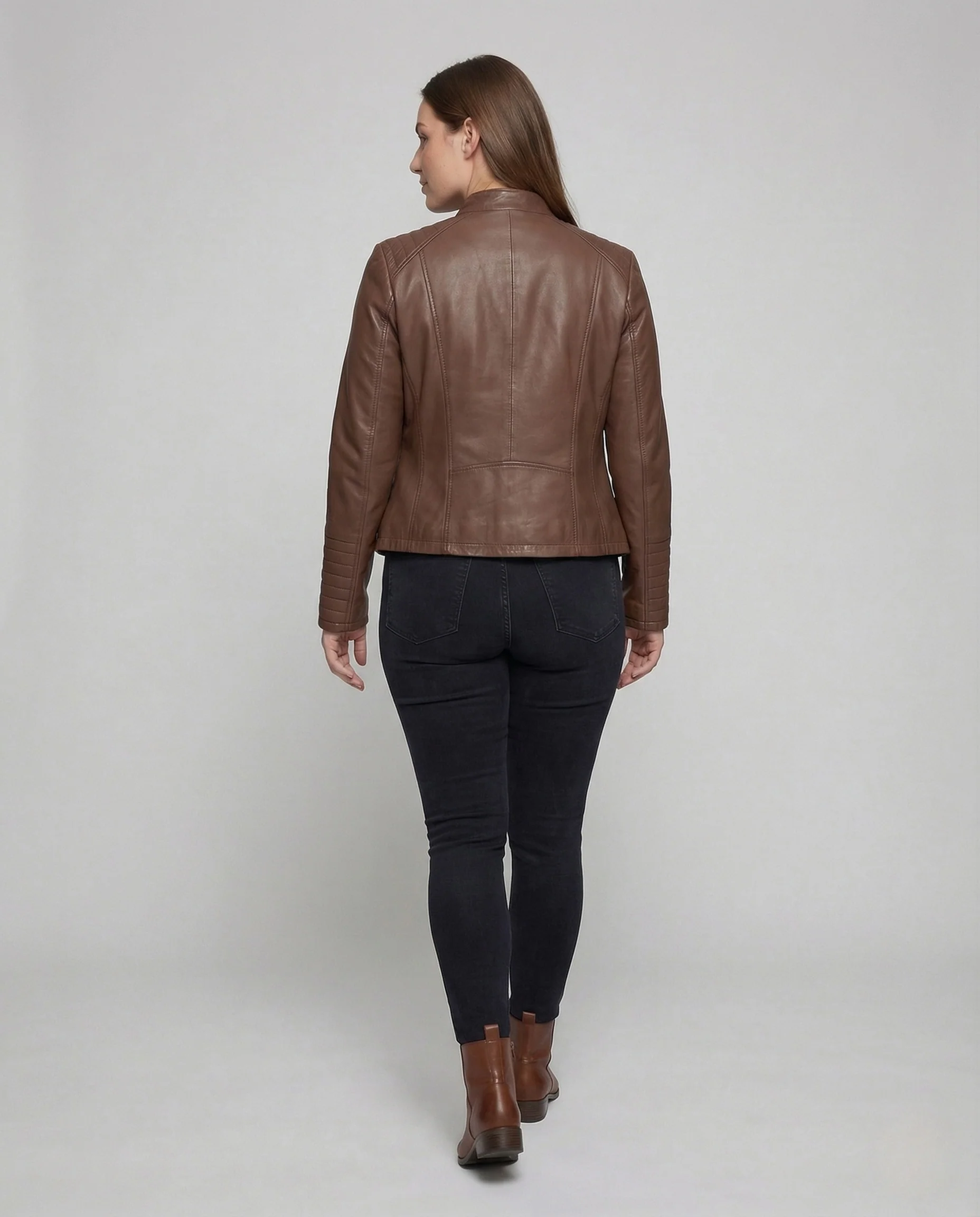 Damen Kunstleder Bikerjacke Tailliert Steppärmel Stehkragen - Image 4