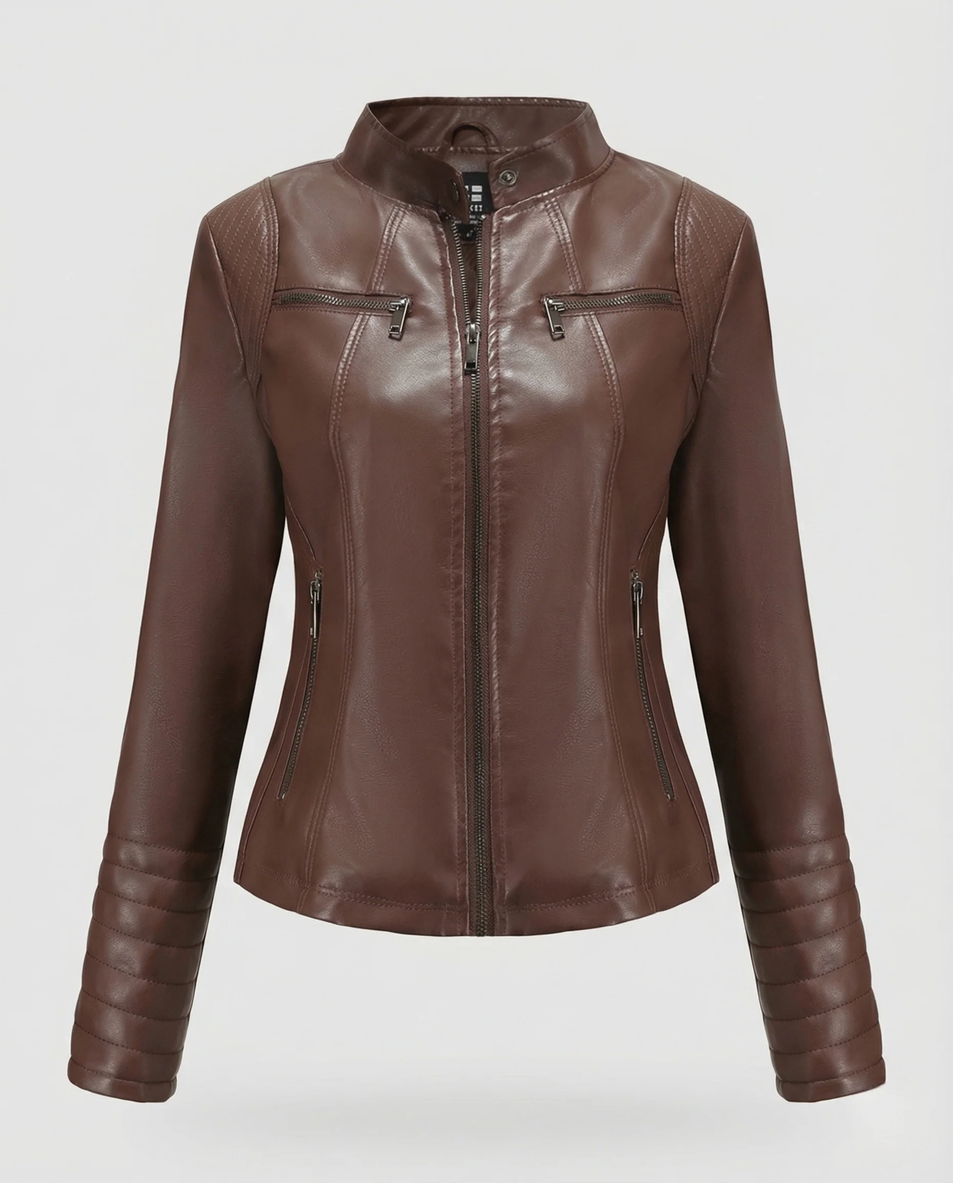 Damen Kunstleder Bikerjacke Tailliert Steppärmel Stehkragen - Image 5