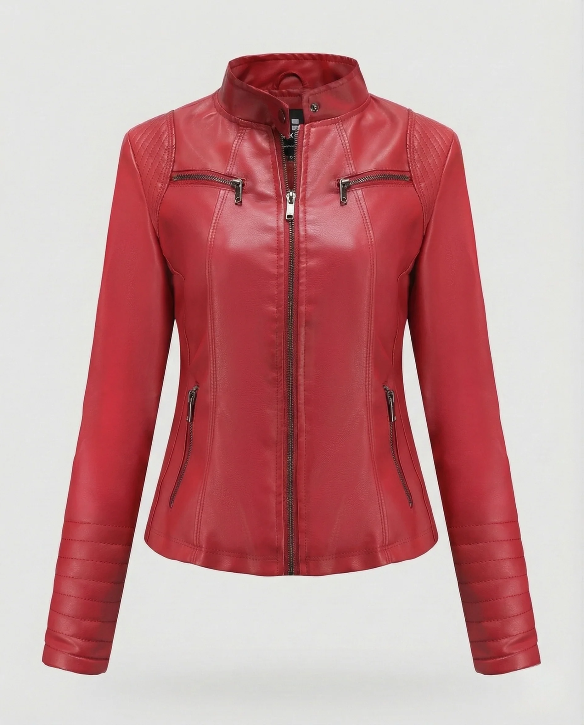 Damen Kunstleder Bikerjacke Tailliert Steppärmel Stehkragen - Image 8