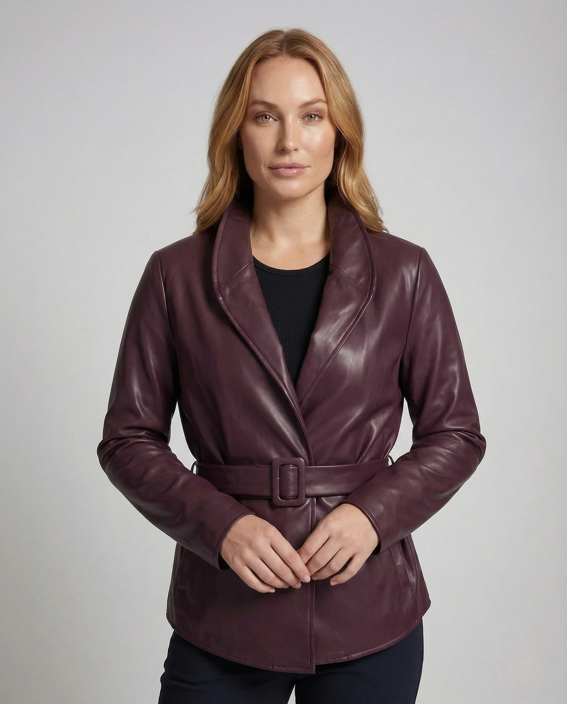 Damen Kunstlederjacke Stehkragen Gürtel - Image 2