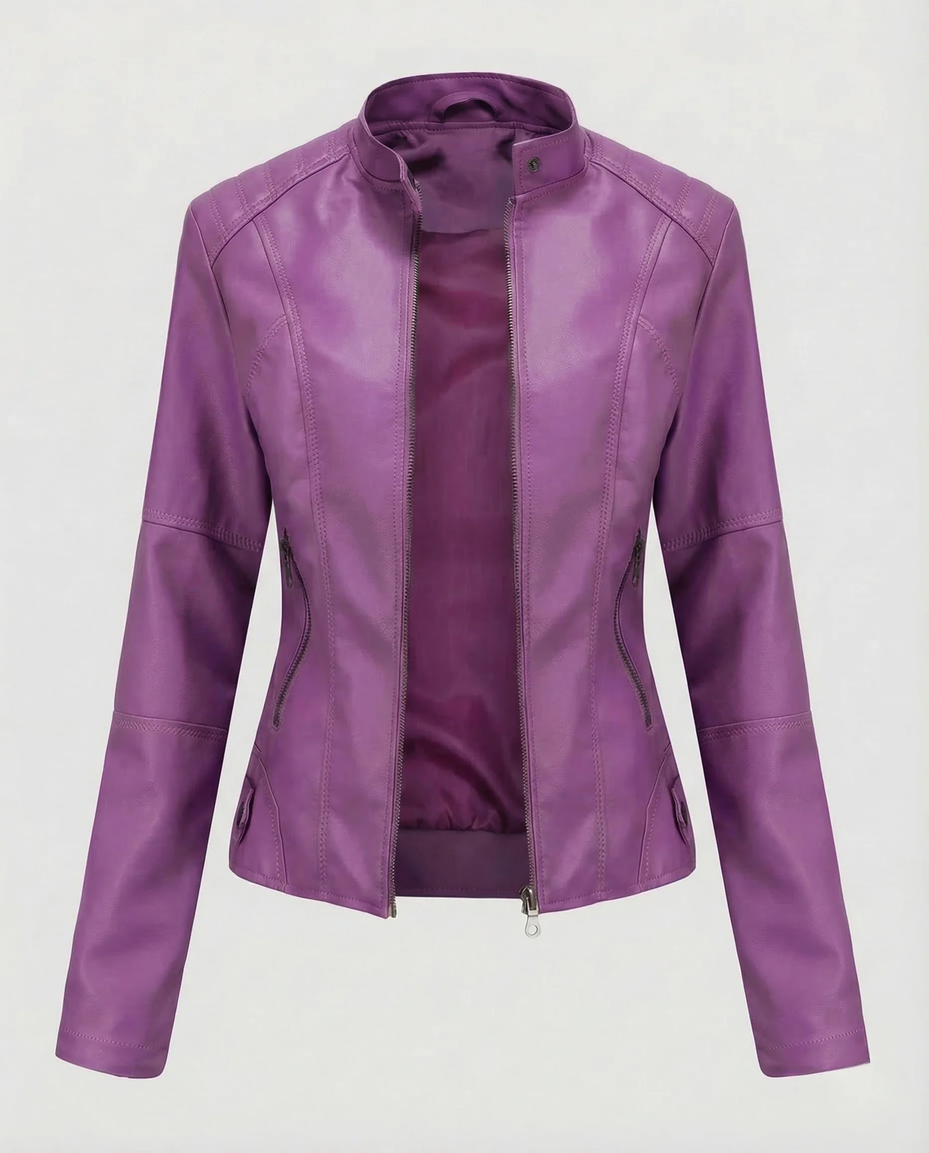 Damen Kunstlederjacke Tailliert Stehkragen - Image 9