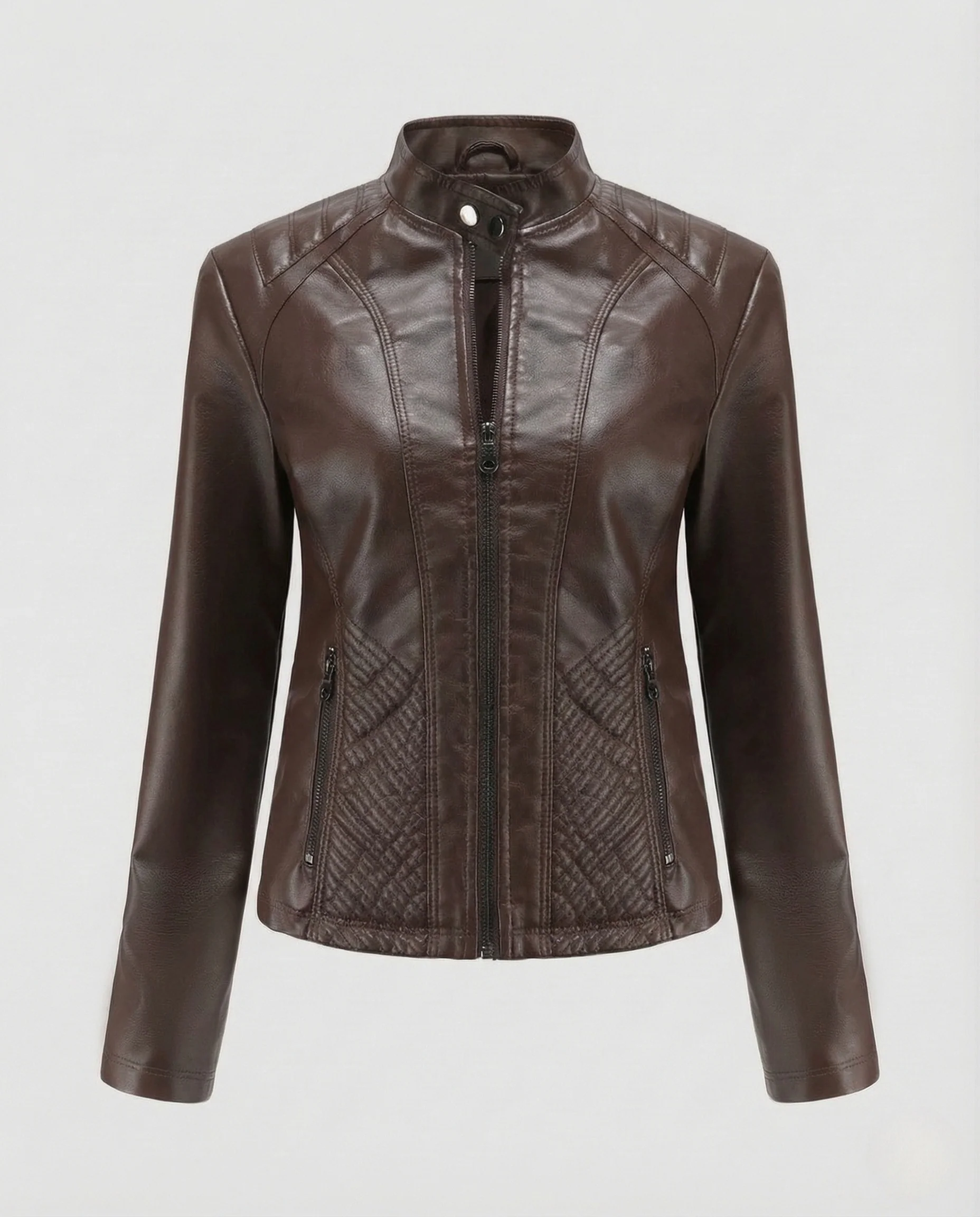 Damen Taillierte Kunstlederjacke mit Stehkragen und Gesteppter Taille - Image 5