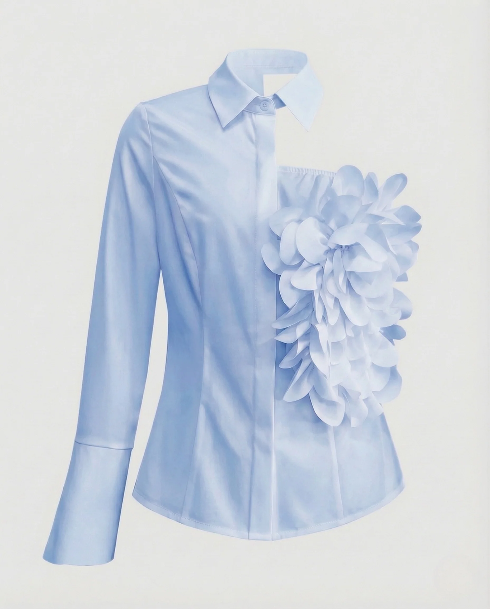 Damen Satinbluse Blütenapplikation Ballonärmel - Image 5