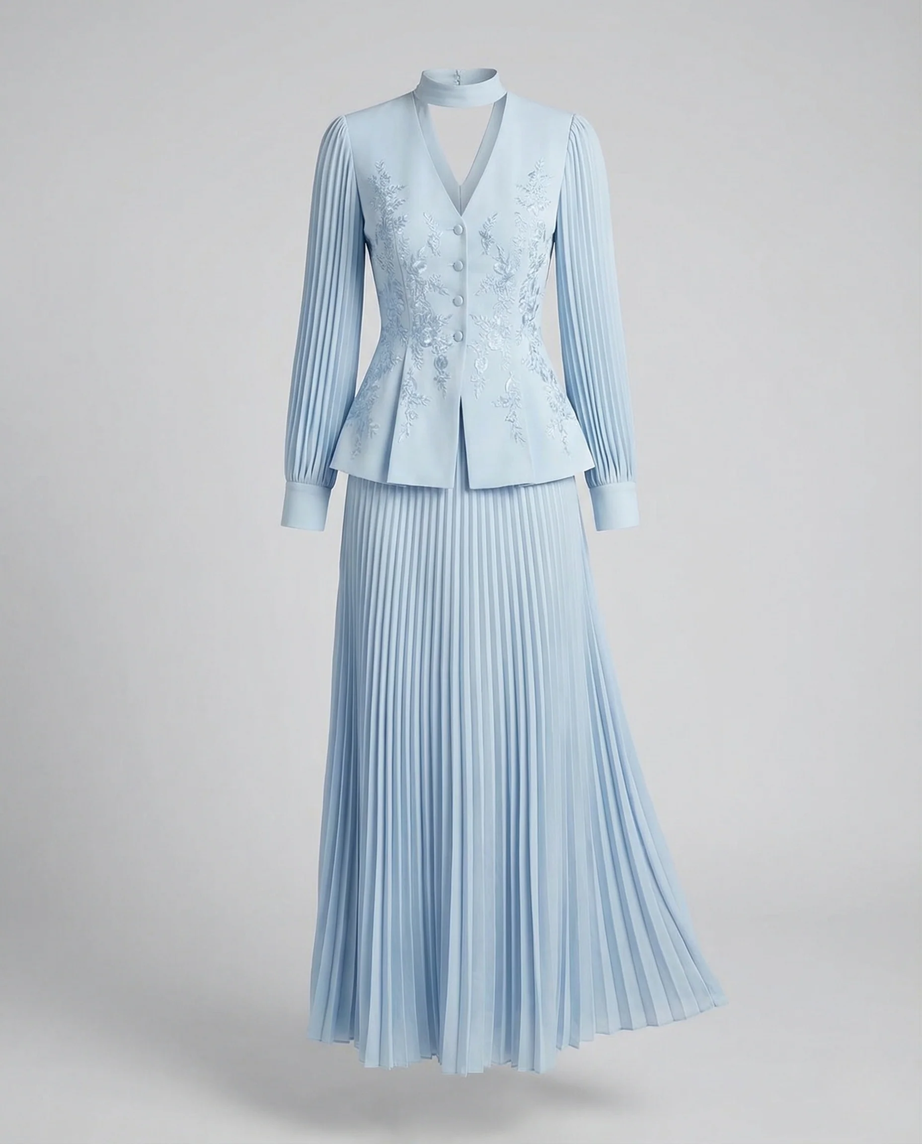 Damen Set Bluse Schößchen Maxirock Plissee - Image 4