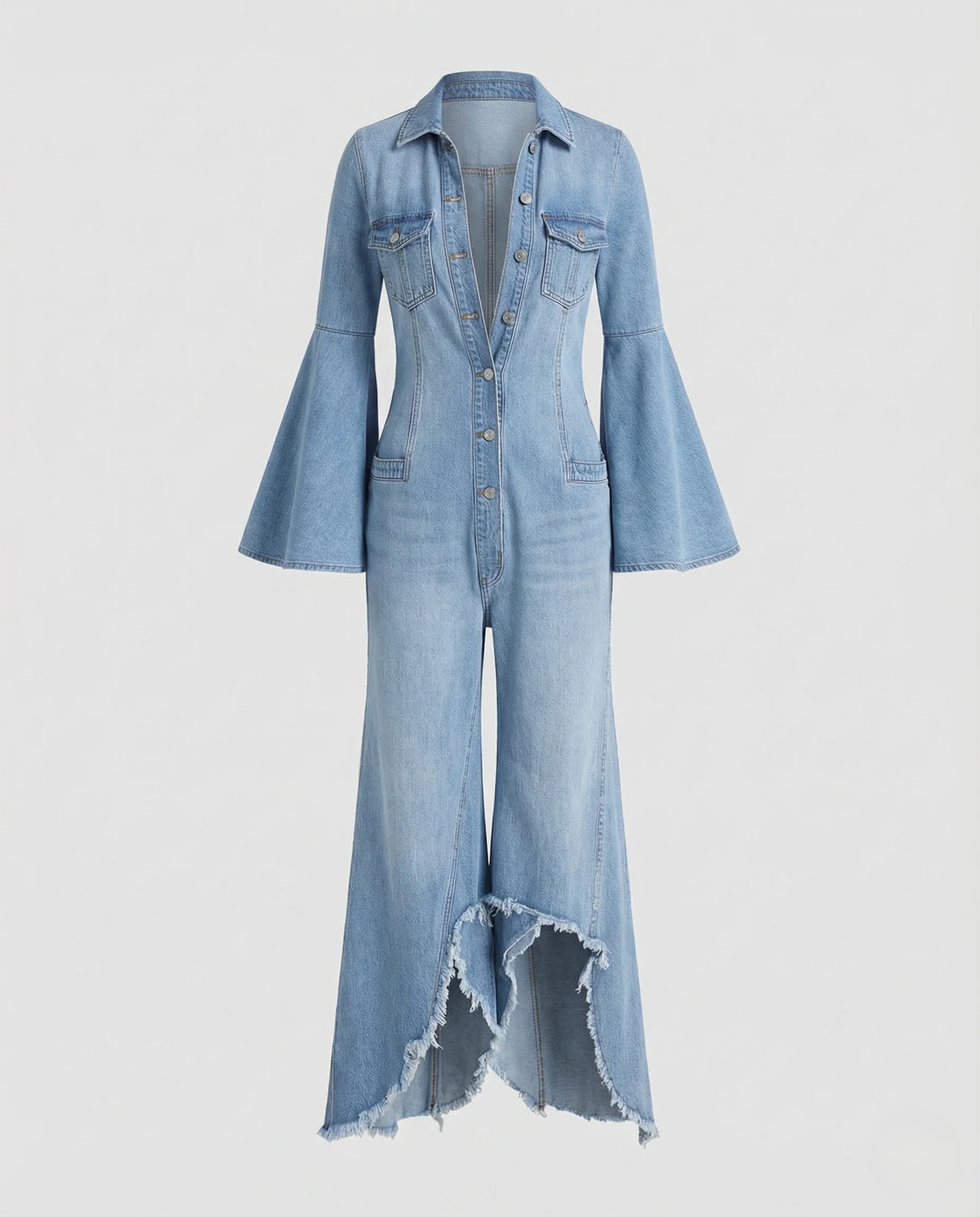 Damen Jeans Overall mit V-Ausschnitt & Glockenärmeln - Image 4
