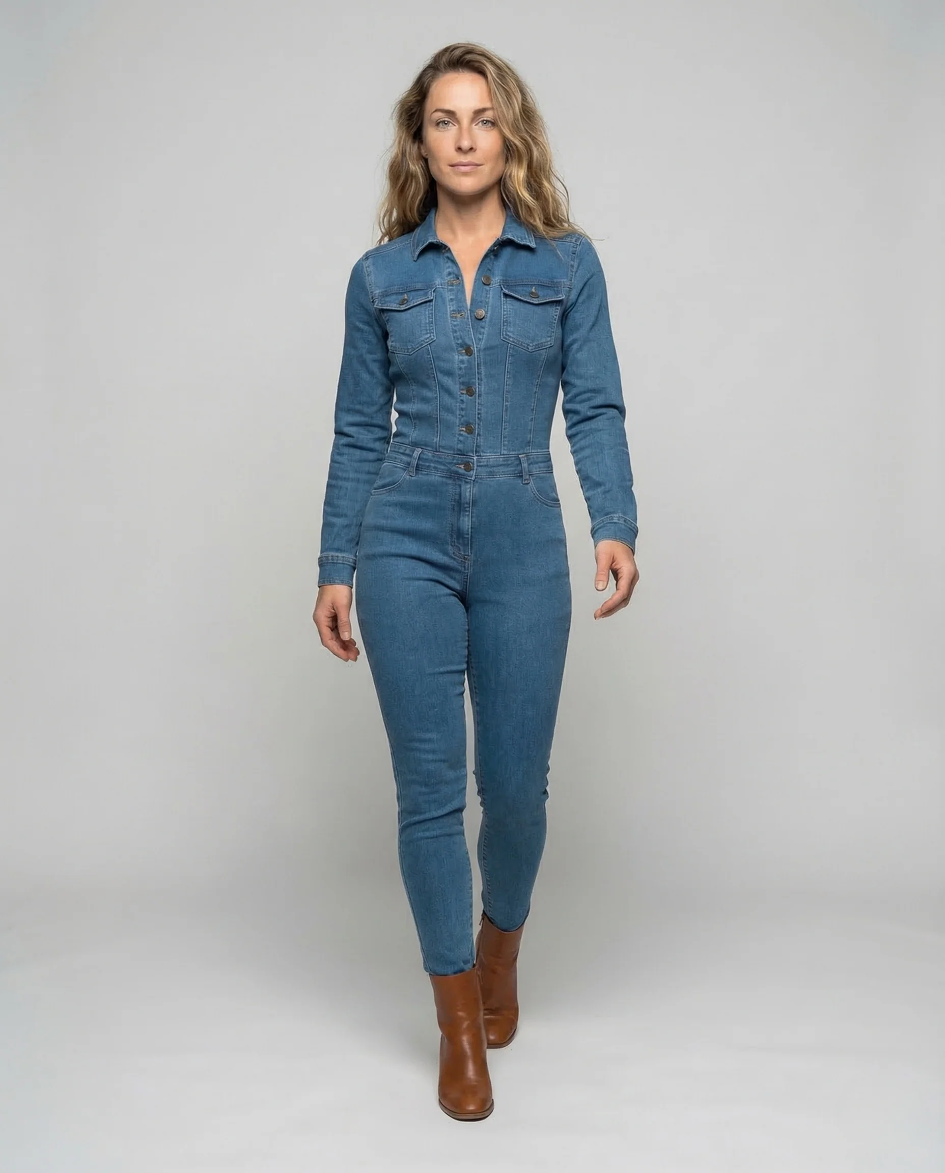 Damen Jeans Overall Tailliert Knopfleiste