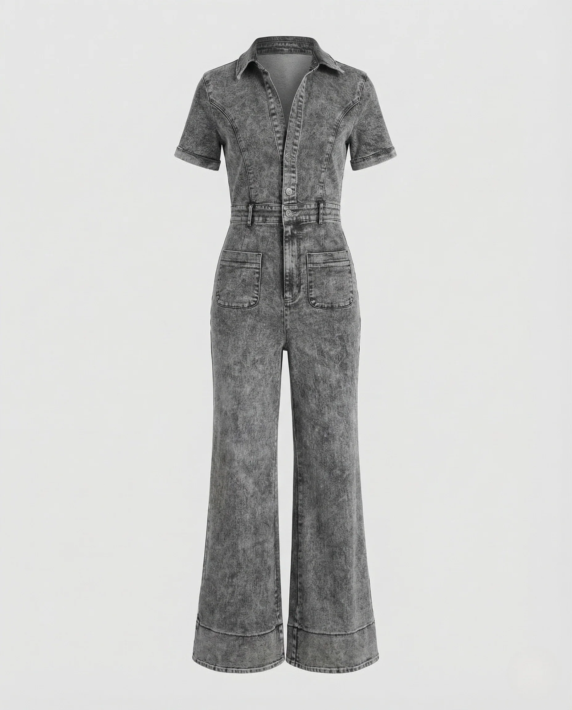 Damen Kurzarm Jeans Overall Tailliert mit Ausgestelltem Bein - Image 3