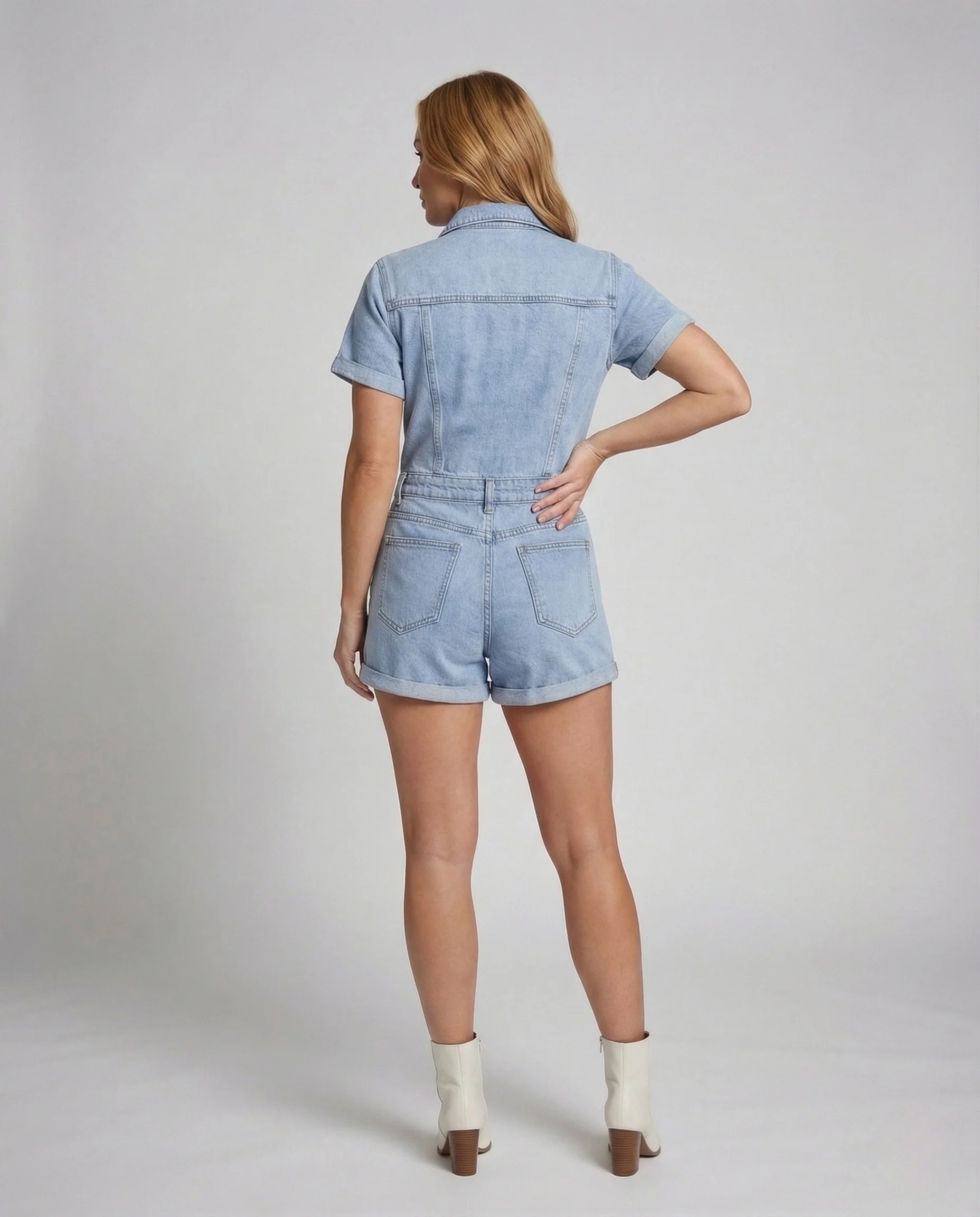 Damen Jeans Kurzoverall Tailliert mit Reverskragen - Image 3