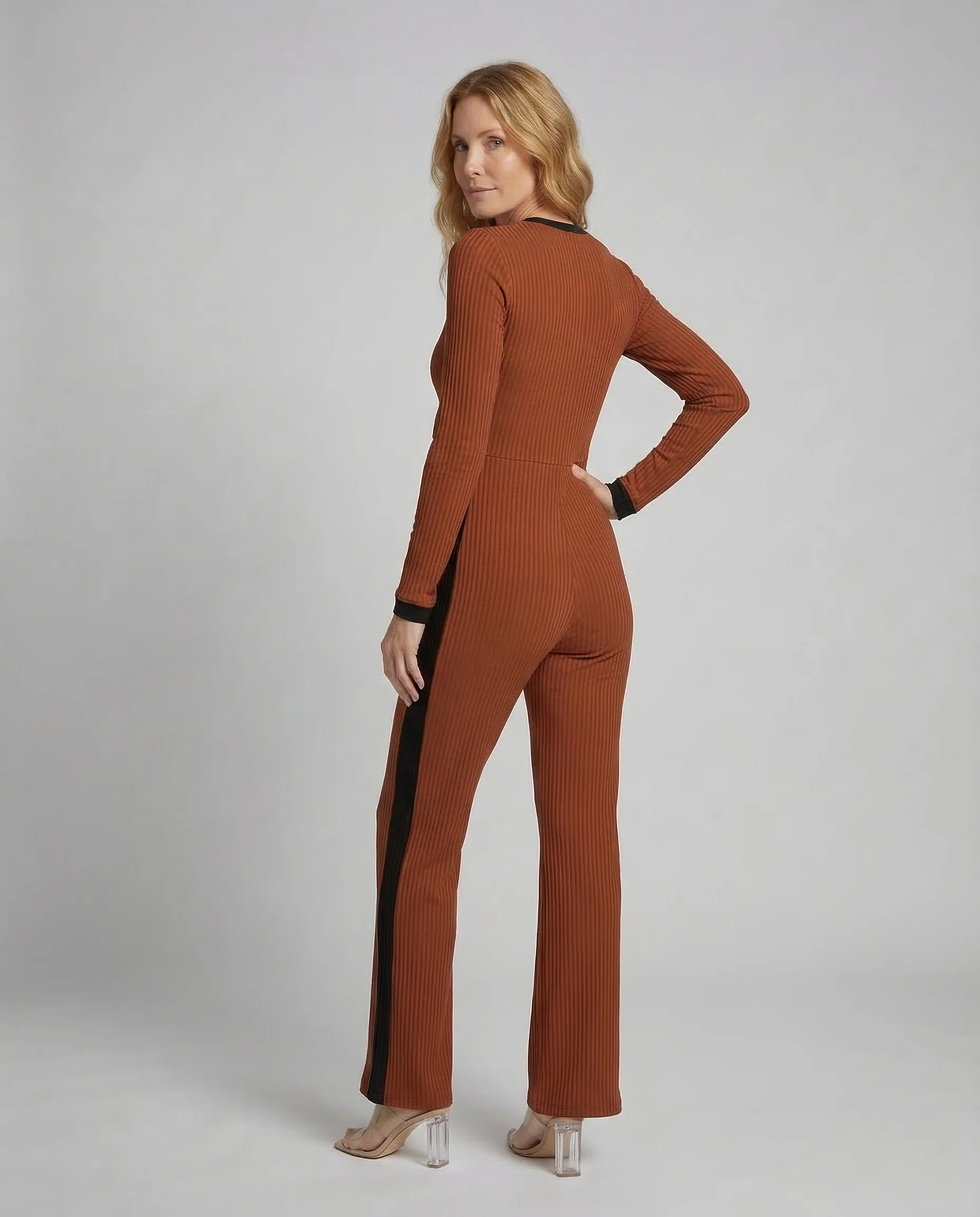 Damen Rippstrick Jumpsuit Schlaghose - Image 3