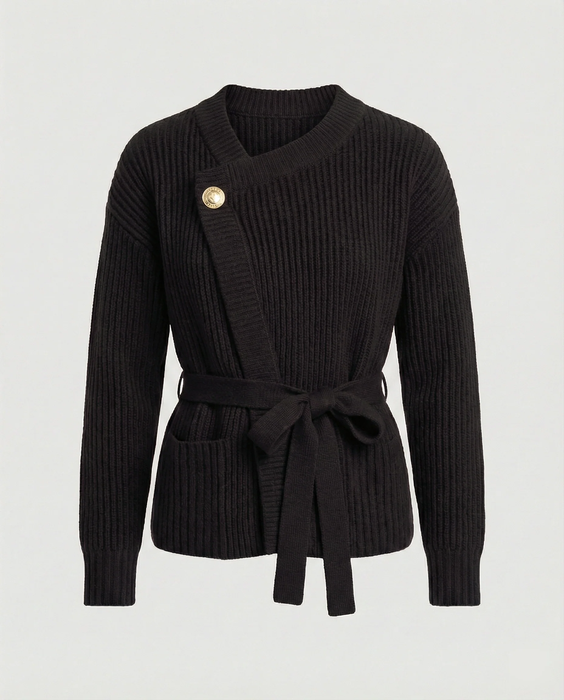 Taillierter Strukturstrick-Cardigan mit Bindegürtel asymmetrischer Knopfleiste und aufgesetzten Taschen Heidi Mode - Image 4