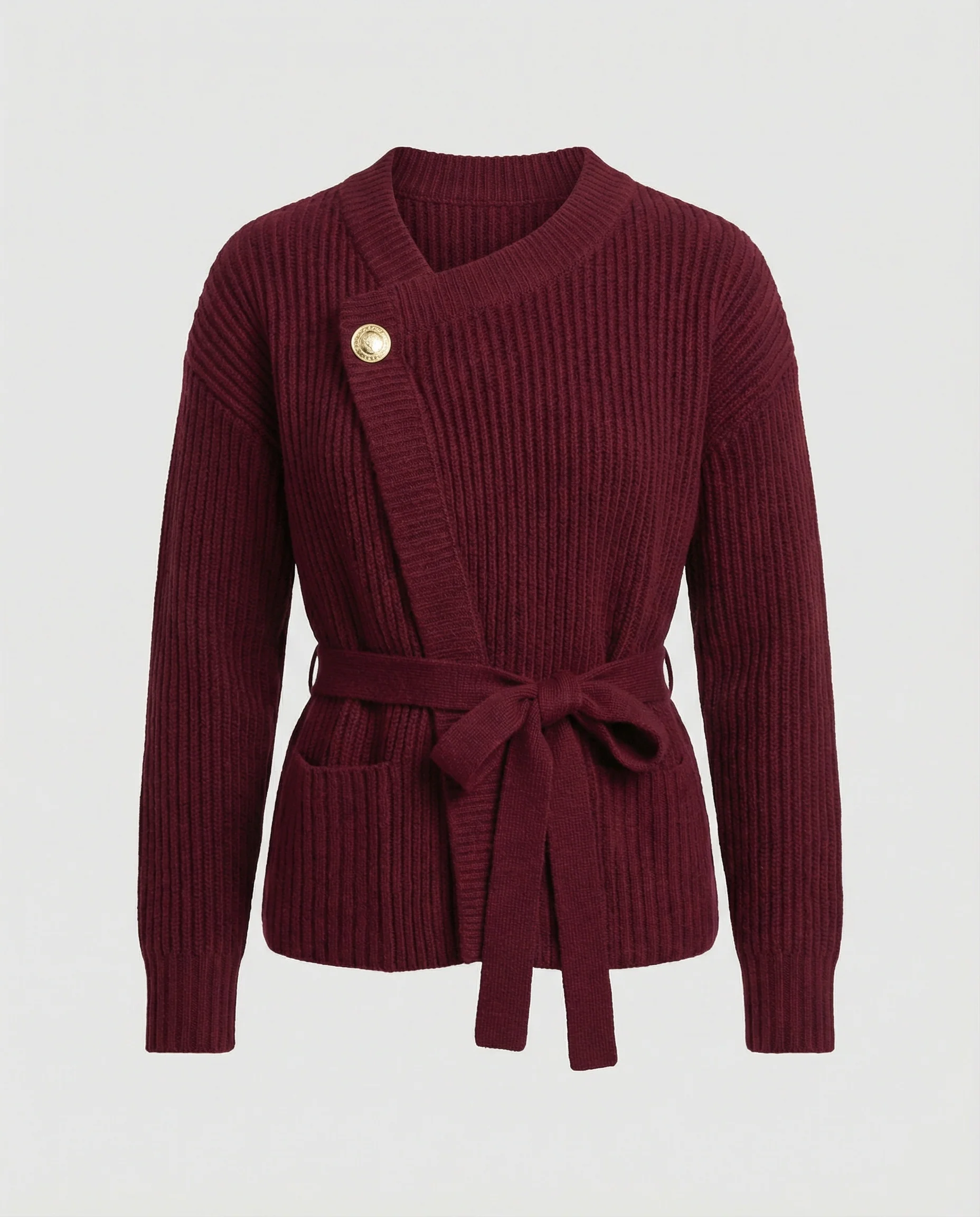 Taillierter Strukturstrick-Cardigan mit Bindegürtel asymmetrischer Knopfleiste und aufgesetzten Taschen Heidi Mode - Image 5
